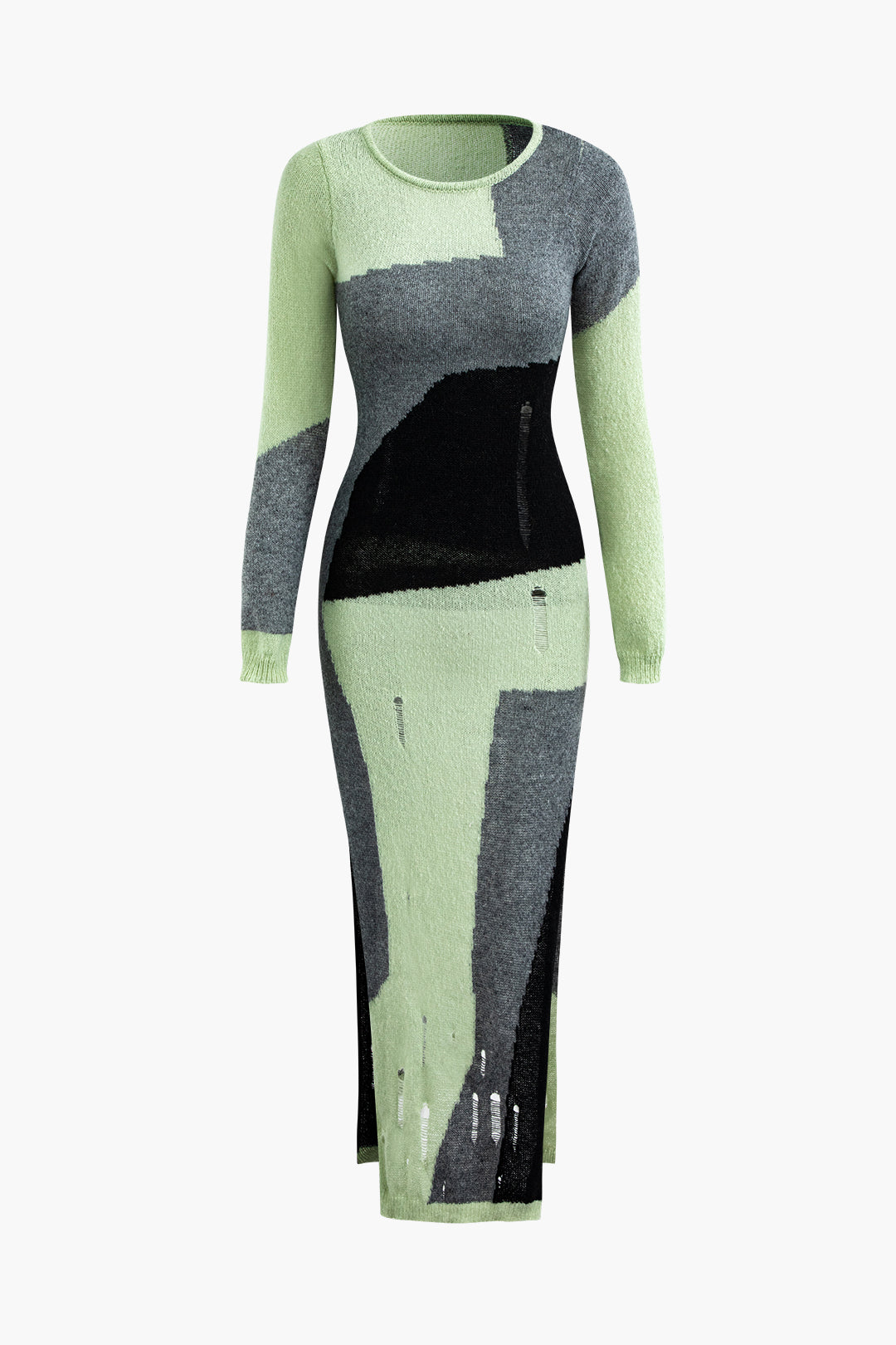 Colorblock Knit Slit Midi Dress - Y2K Aesthetic with Distressed Details for Trendy Looks