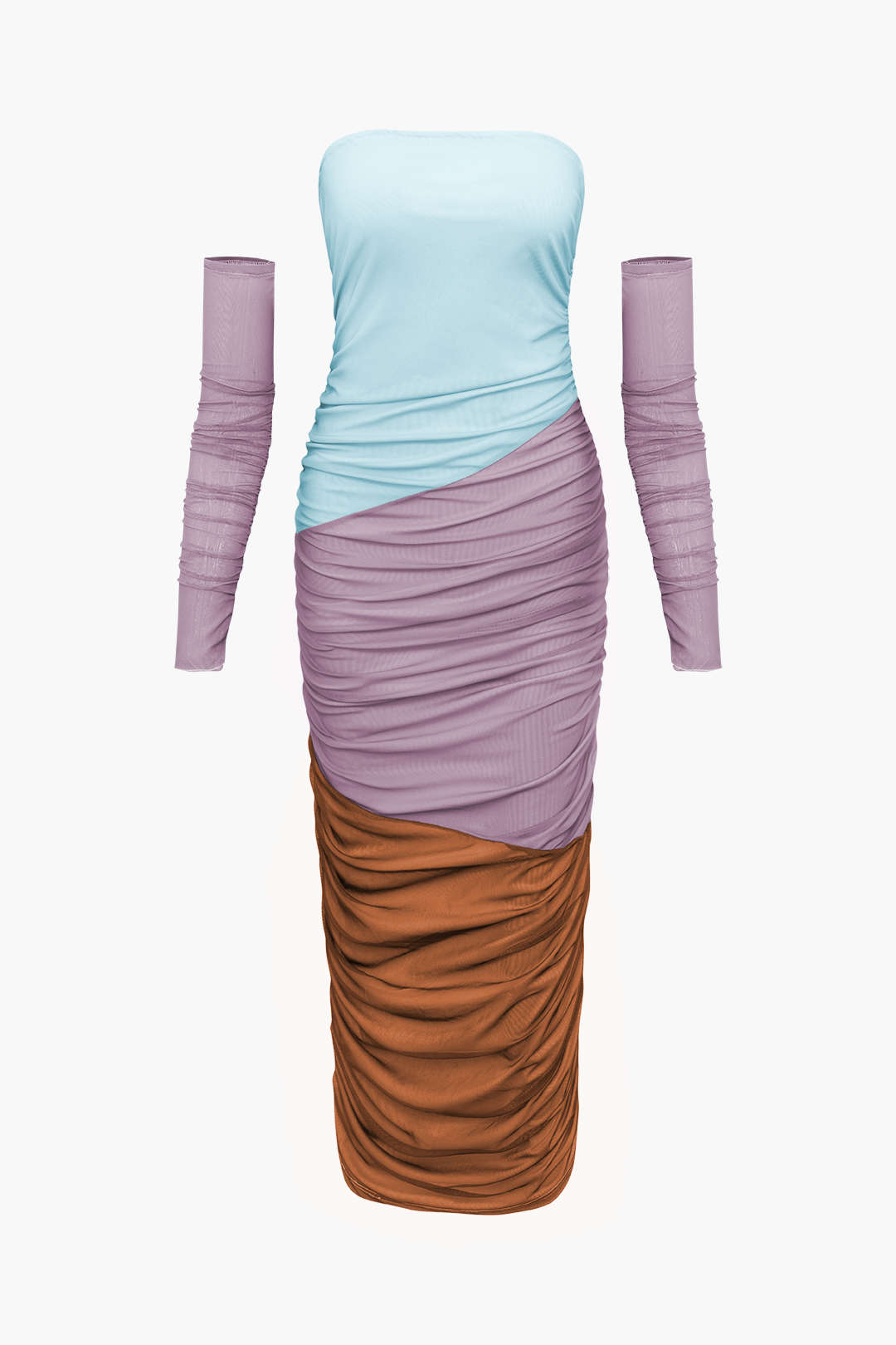 Colorblock Strapless Maxi Dress with Ruched Detail and Stylish Sleeves for Y2K Aesthetic