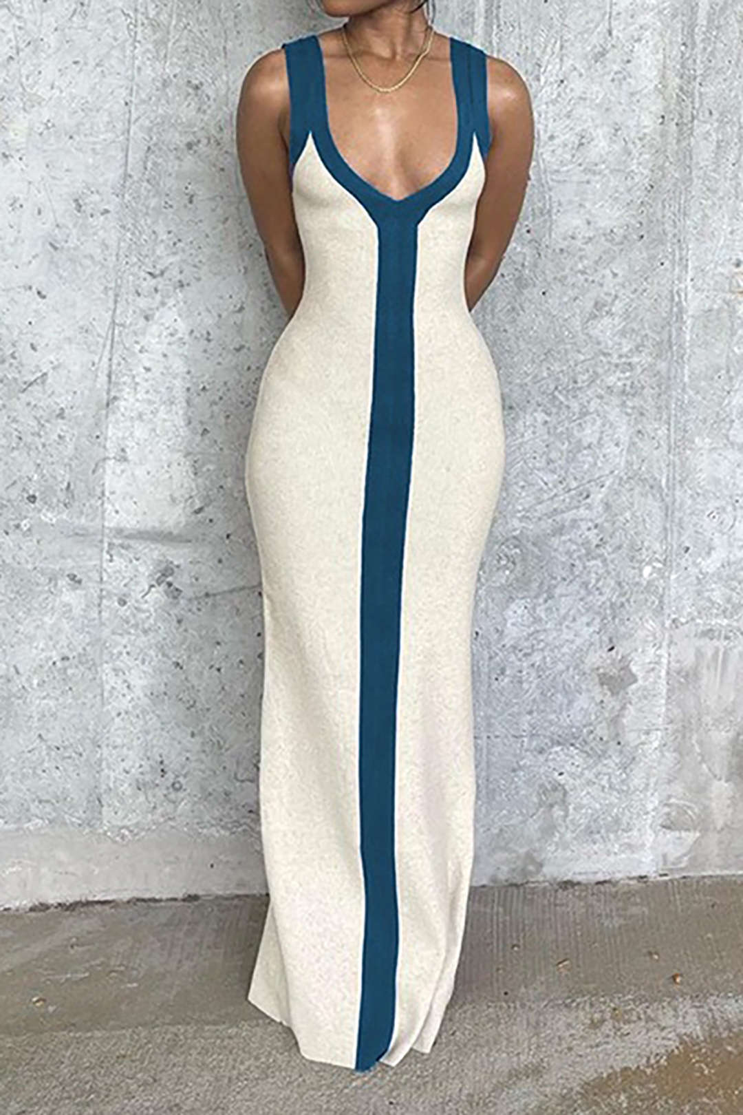 Colorblock V-Neck Knit Split Maxi Dress - Y2K Aesthetic Fashion for Effortless Style