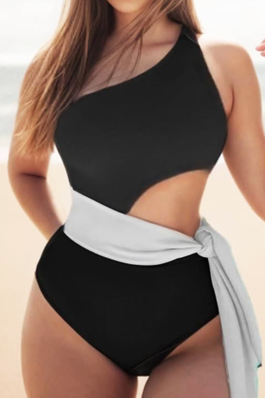 Contrast Knot Side Cut Out One Shoulder Y2K Aesthetic One-Piece Swimsuit for Trendy Looks