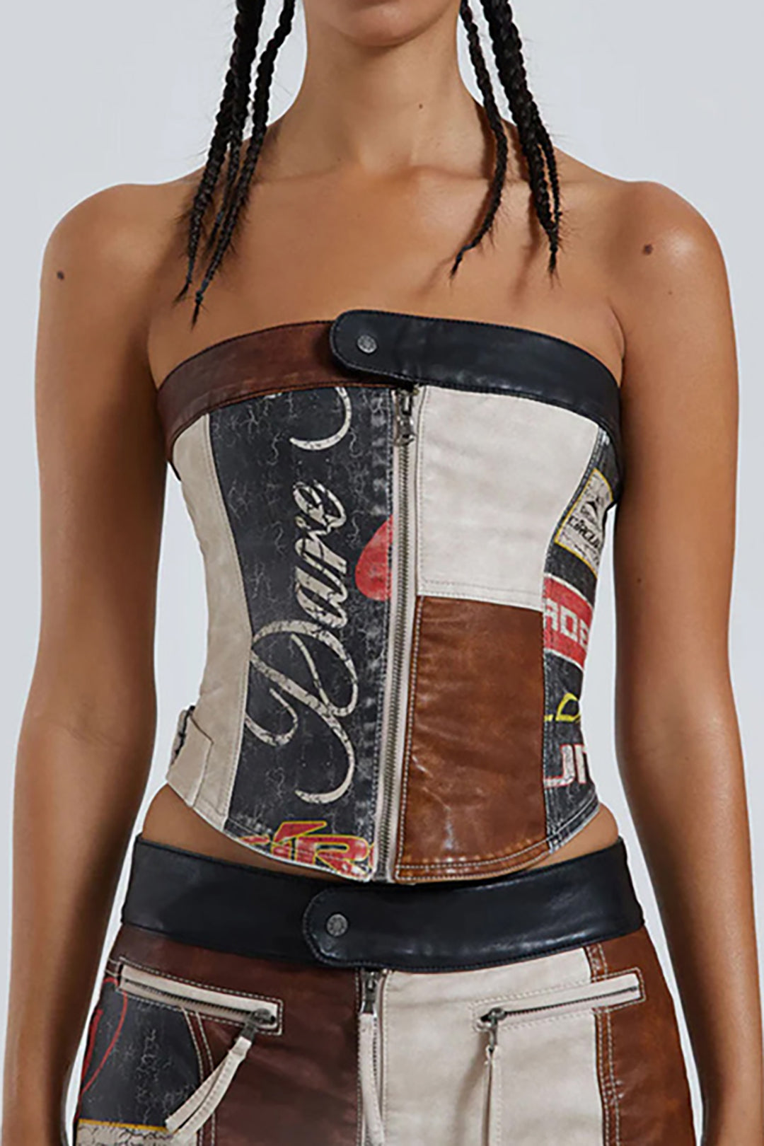 Contrast Letter Print Faux Leather Strapless Top - Y2K Aesthetic Fashion Statement