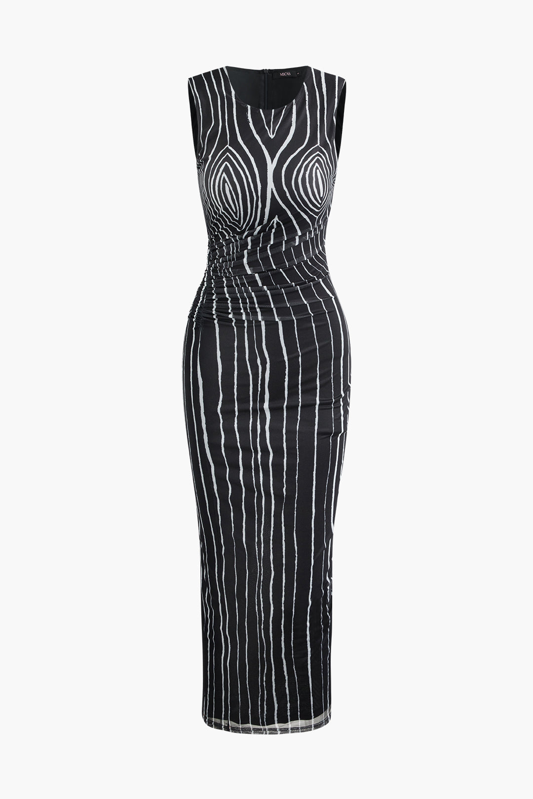 Contrast Line Print Mesh Ruched Slit Sleeveless Maxi Dress for Y2K Aesthetic Vibes