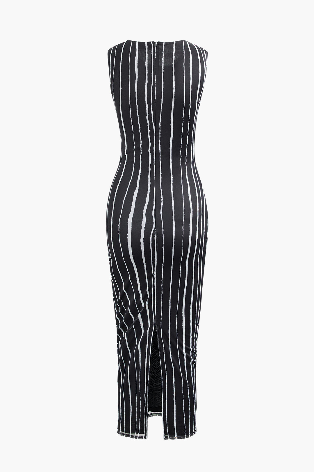 Contrast Line Print Mesh Ruched Slit Sleeveless Maxi Dress for Y2K Aesthetic Vibes