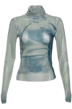 Contrast Print Sheer Mesh Long Sleeve Turtleneck Top for Y2K and Coquette Aesthetic