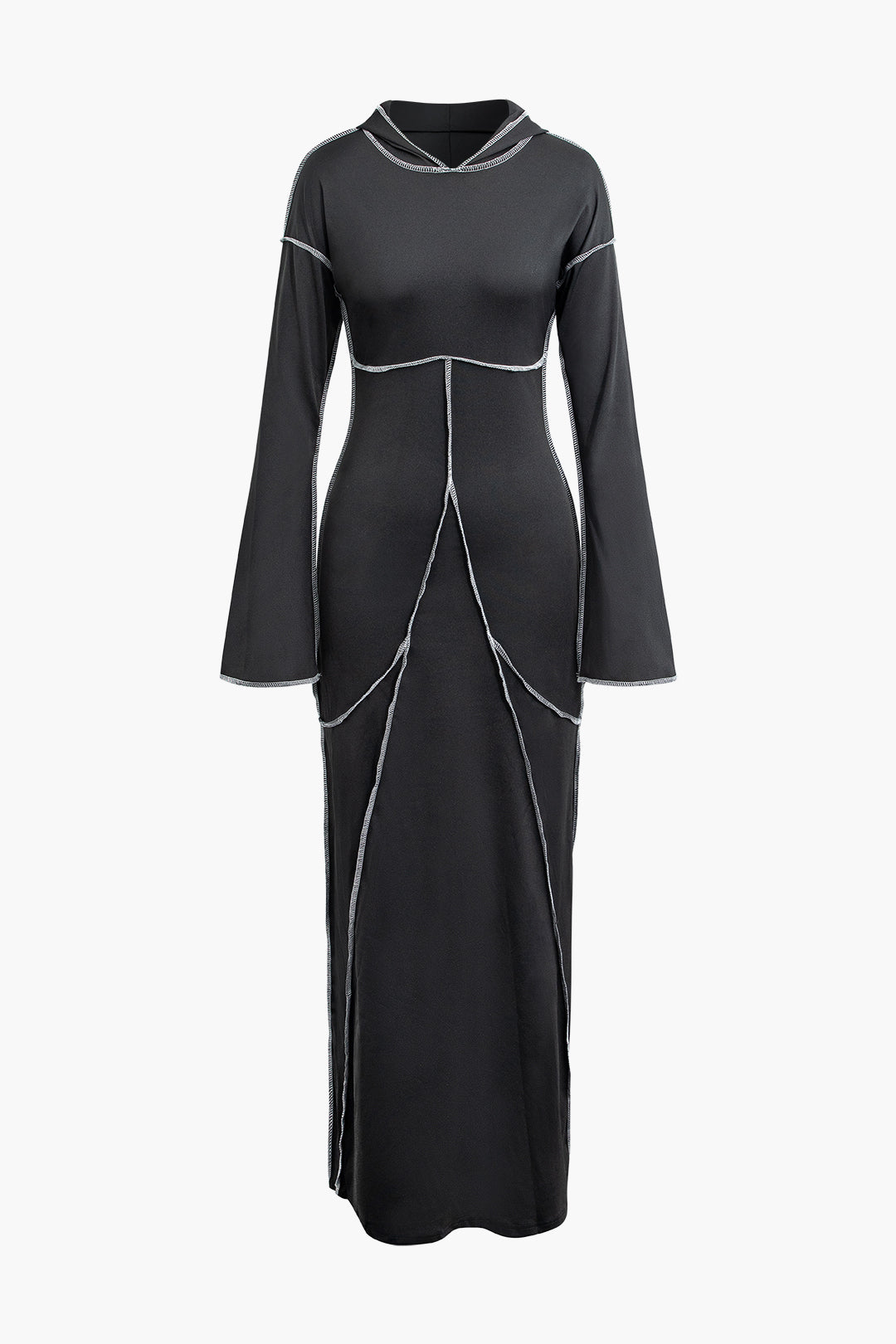 Contrast Stitching Bell Sleeve Hooded Maxi Dress - Y2K Aesthetic Fashion Statement Piece