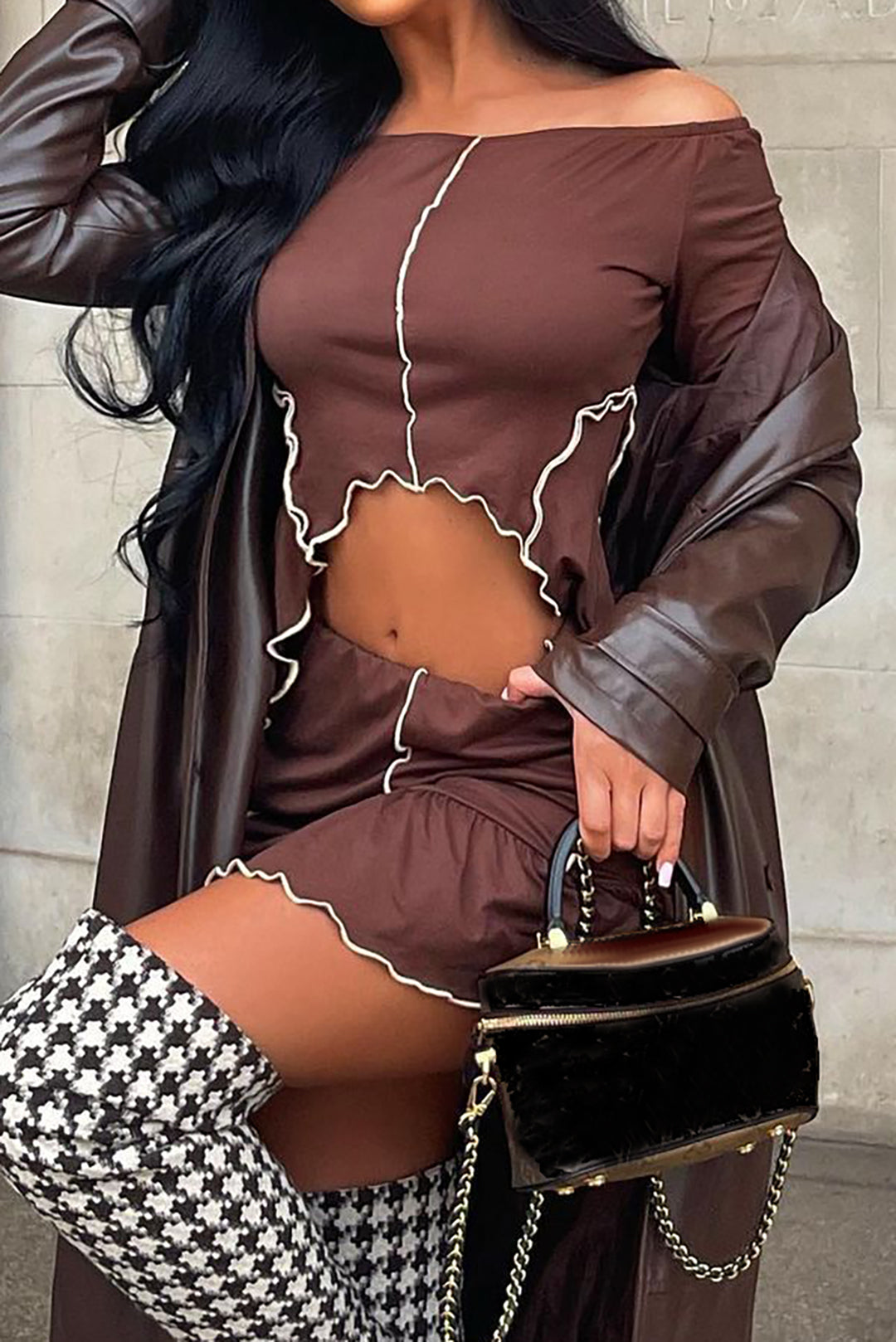 Contrast Stitching Off-Shoulder Long Sleeve Top with Ruffle Mini Skirt Set - Y2K Aesthetic Outfit