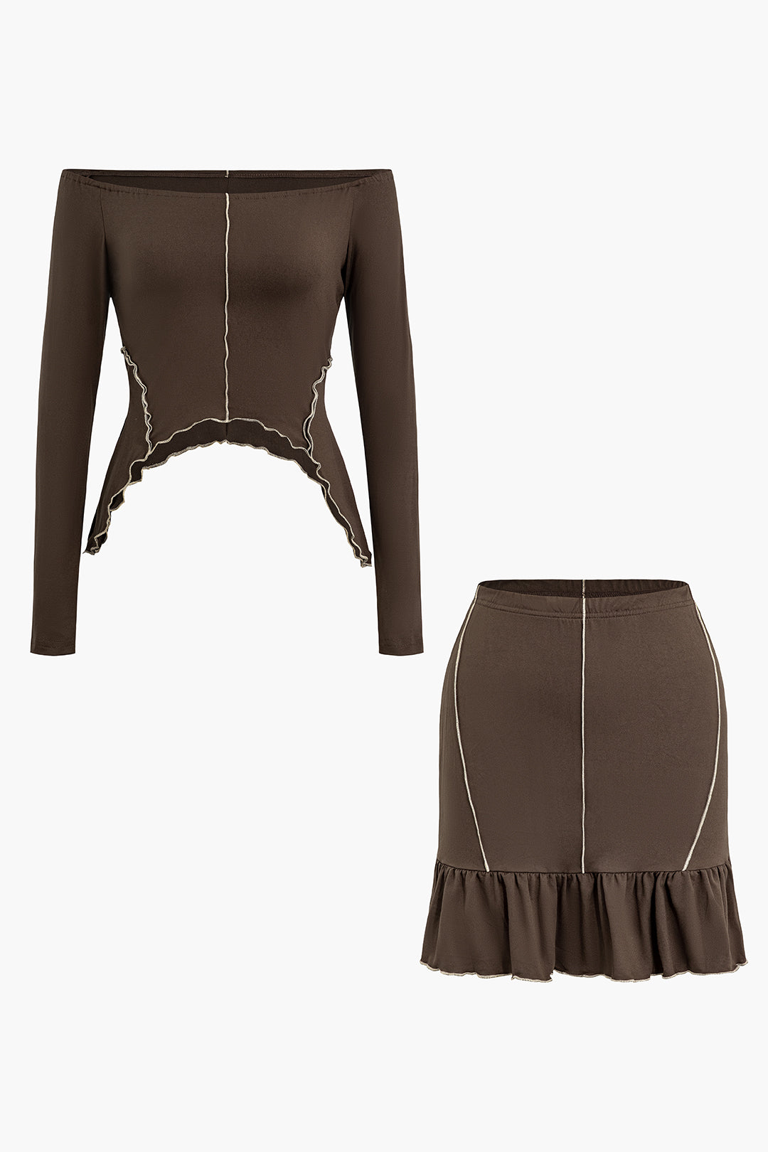 Contrast Stitching Off-Shoulder Long Sleeve Top with Ruffle Mini Skirt Set - Y2K Aesthetic Outfit