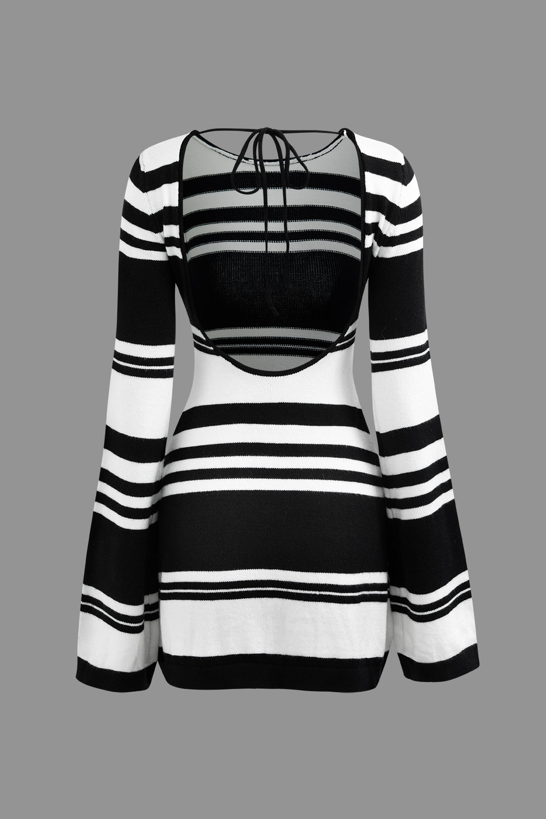 Contrast Stripe Backless Bell Sleeve Knit Mini Dress - Y2K Aesthetic Cute Party Outfit