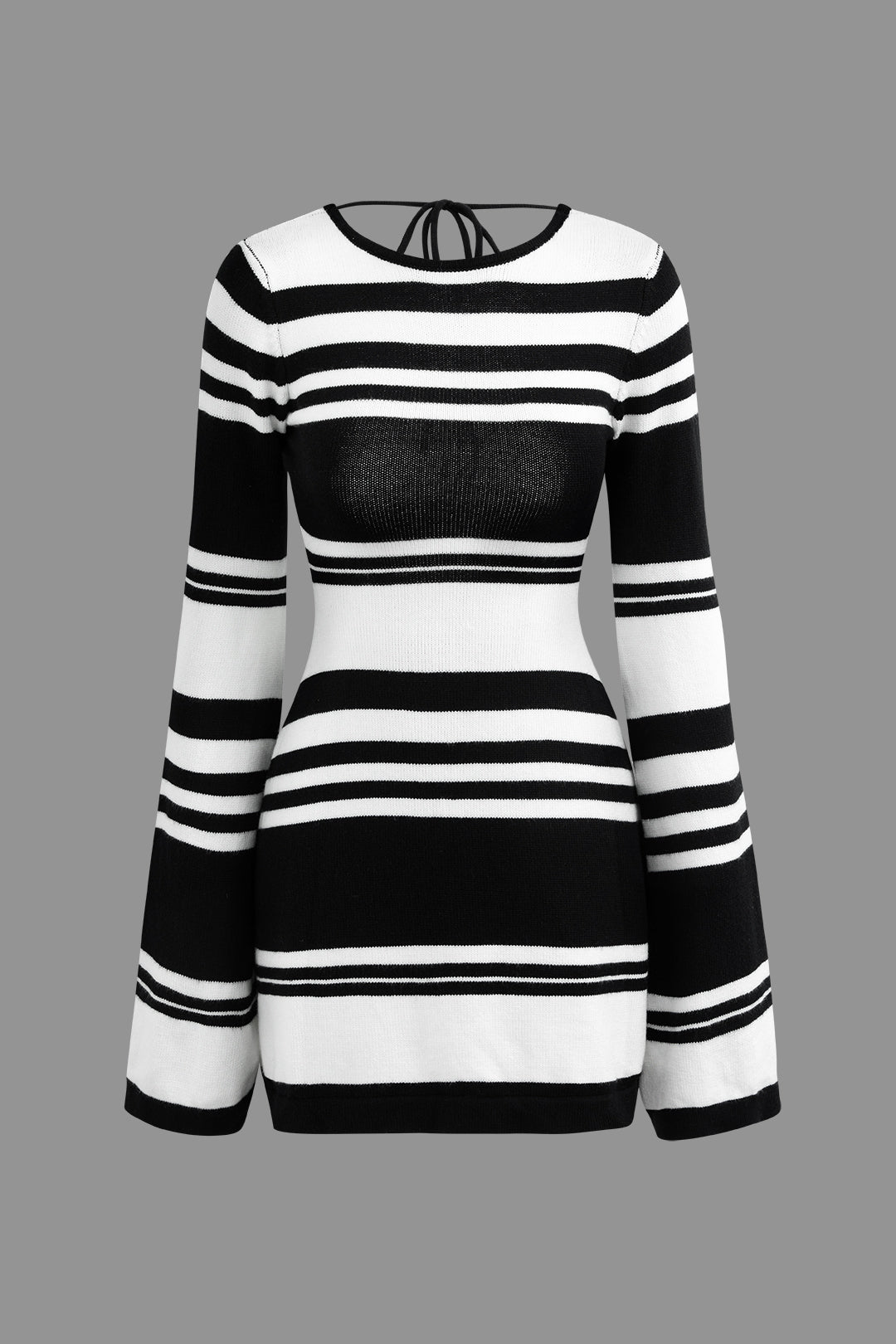 Contrast Stripe Backless Bell Sleeve Knit Mini Dress - Y2K Aesthetic Cute Party Outfit