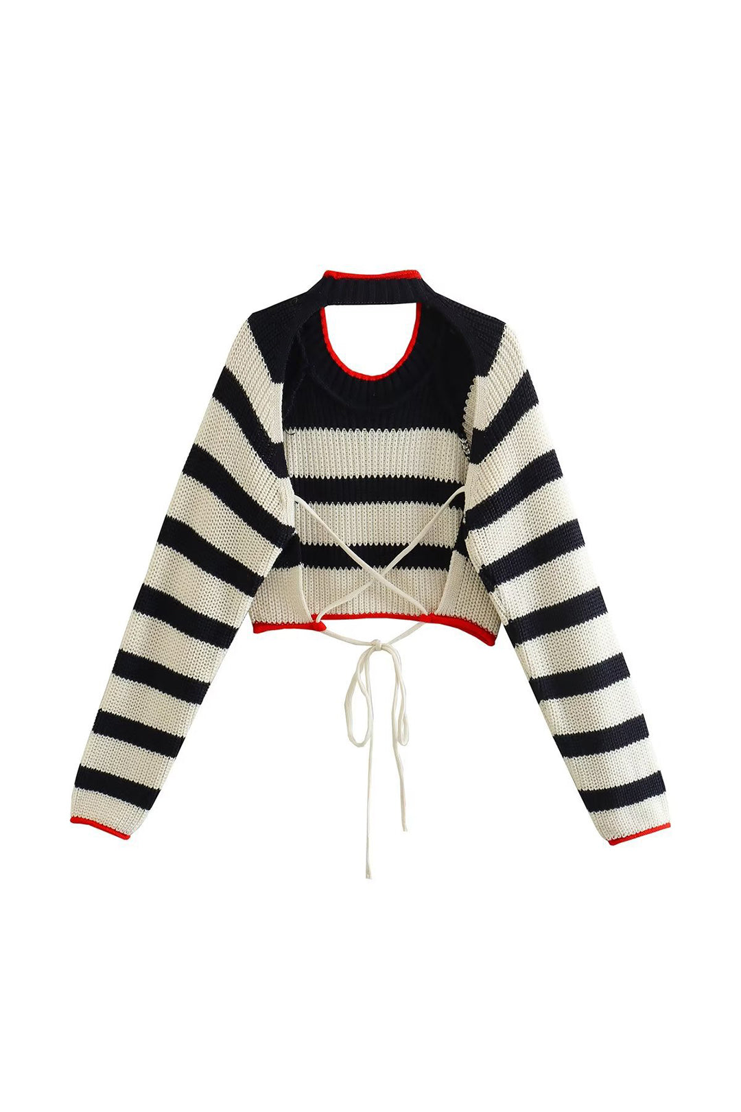 Contrast Stripe Backless Long Sleeve Knit Top - Y2K Aesthetic Cute Crop Top for Stylish Outfits