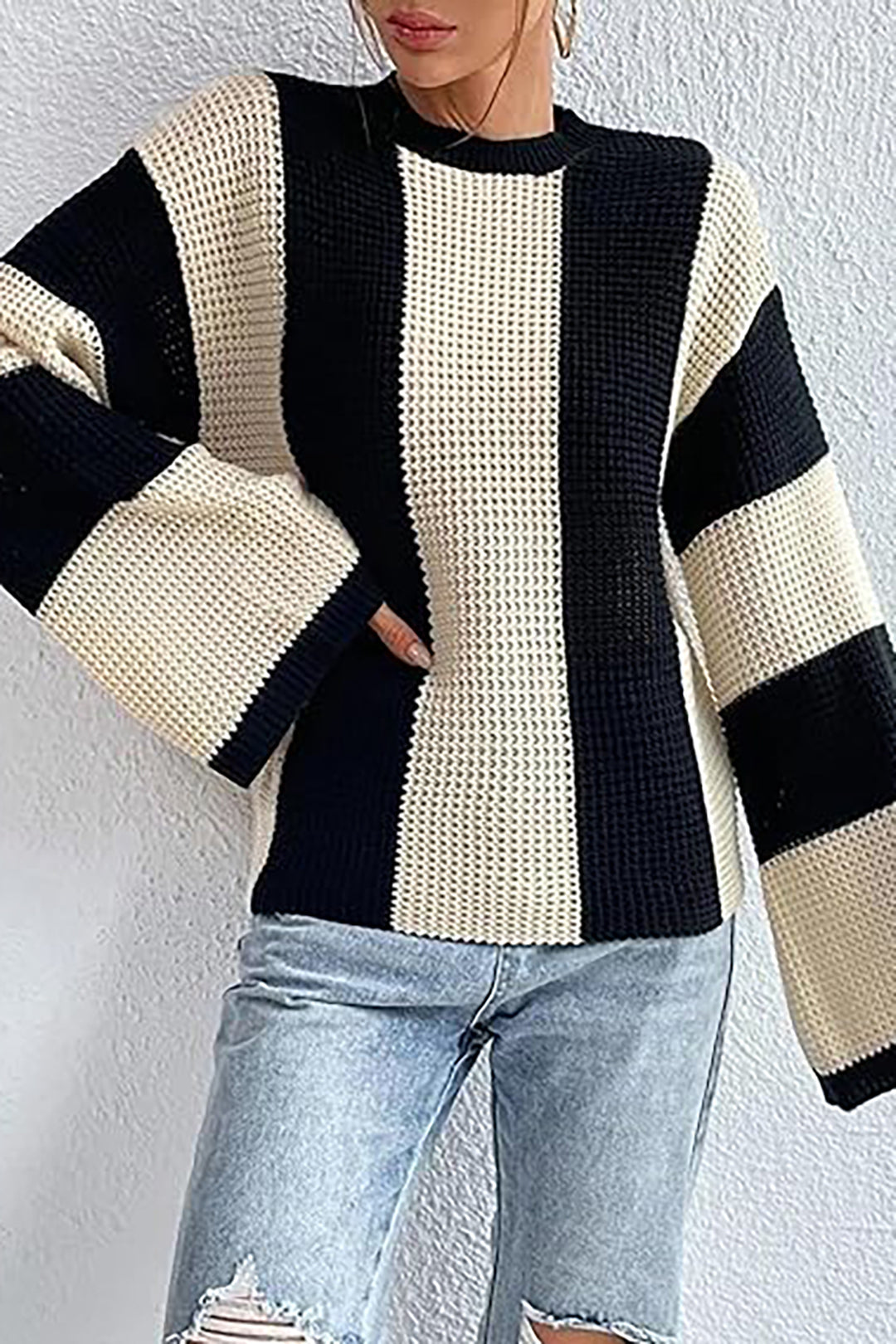 Contrast Stripe Bell Sleeve Knit Pullover Sweater - Y2K Aesthetic Cozy Top for Stylish Outfits