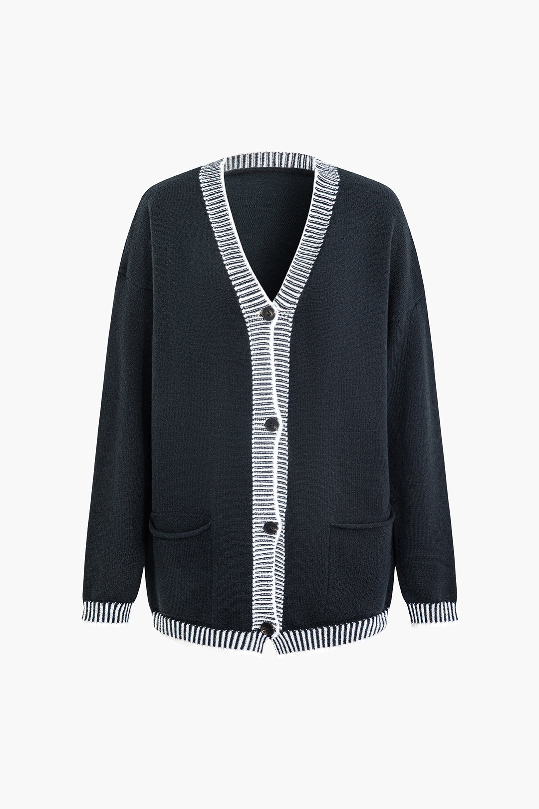 Contrast Stripe Trim V-neck Button-Up Cardigan with Straight Leg Pants Set for Y2K Aesthetic