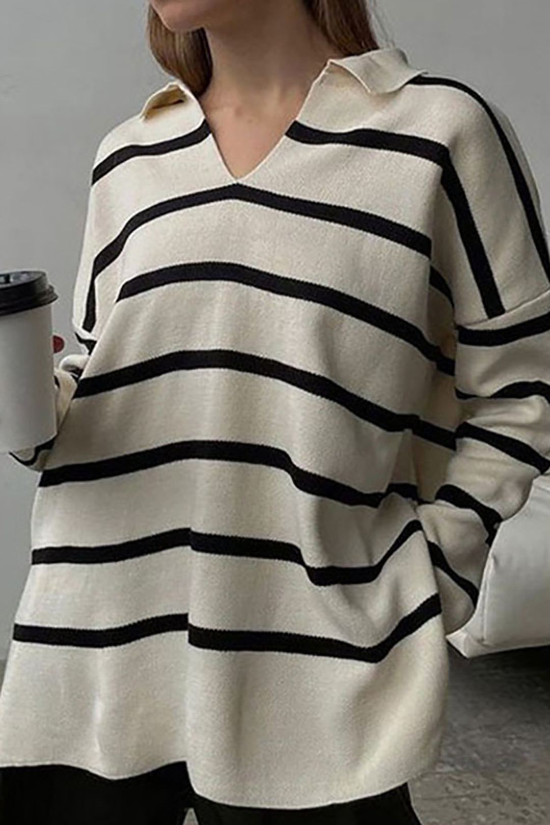 Contrast Stripe V-neck Long Sleeve Knit Top - Y2K Aesthetic Cute Top for Stylish Outfits