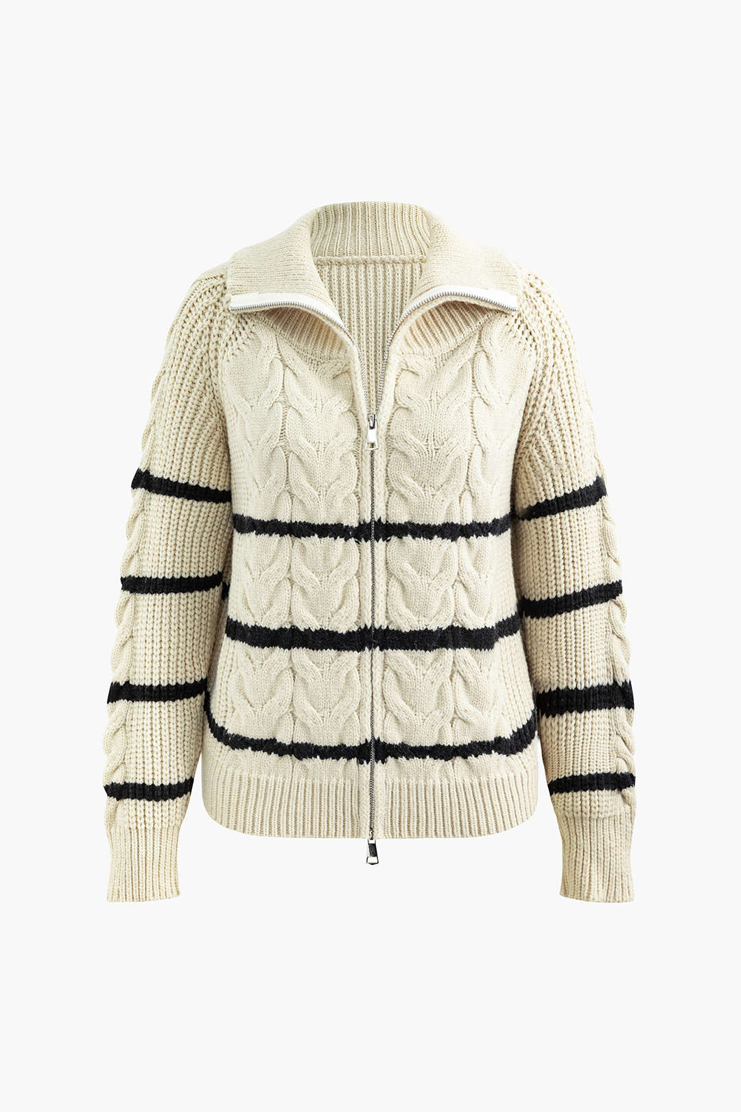 Contrast Stripe Zipper Collar Cable Knit Sweater - Y2K Aesthetic Cozy Top for Stylish Outfits