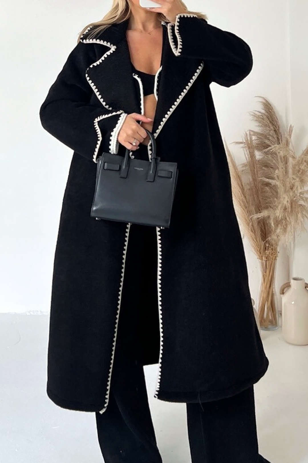 Contrast Trim Button-Up Long Coat - Y2K Aesthetic Outerwear for Chic Layering