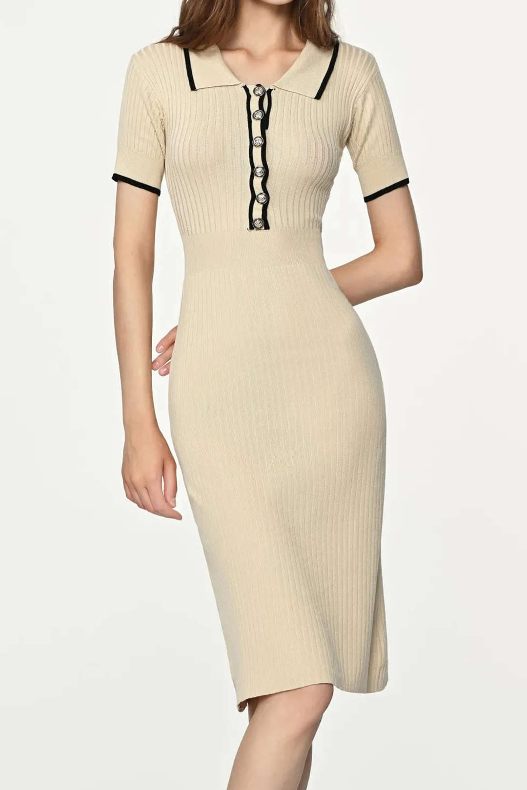 Contrast Trim Collared Rib Knit Midi Dress - Y2K Aesthetic Short Sleeve Fashion Statement