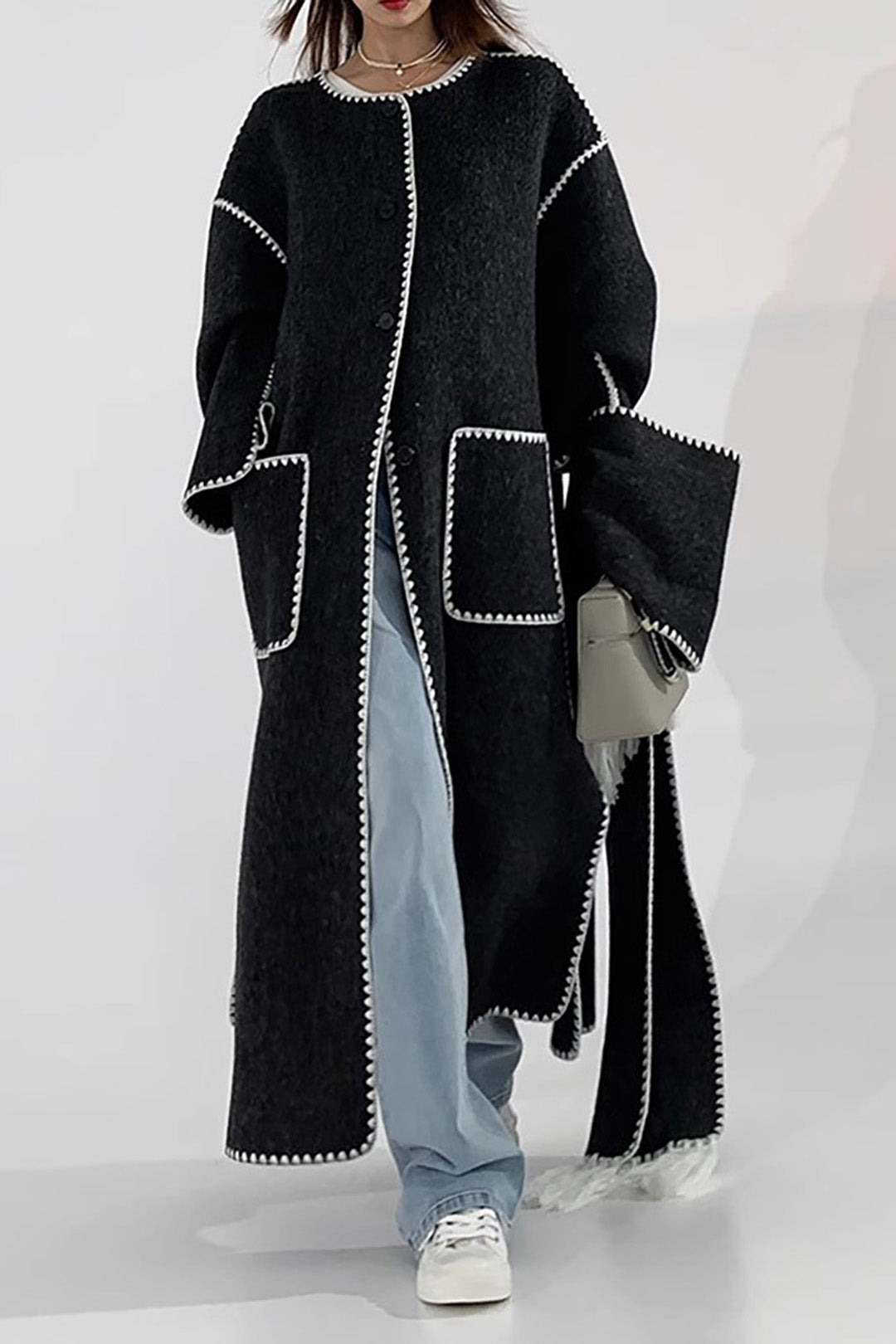 Contrast Trim Patch Pocket Button Coat with Tassel Scarf - Y2K Aesthetic Outerwear for Stylish Looks