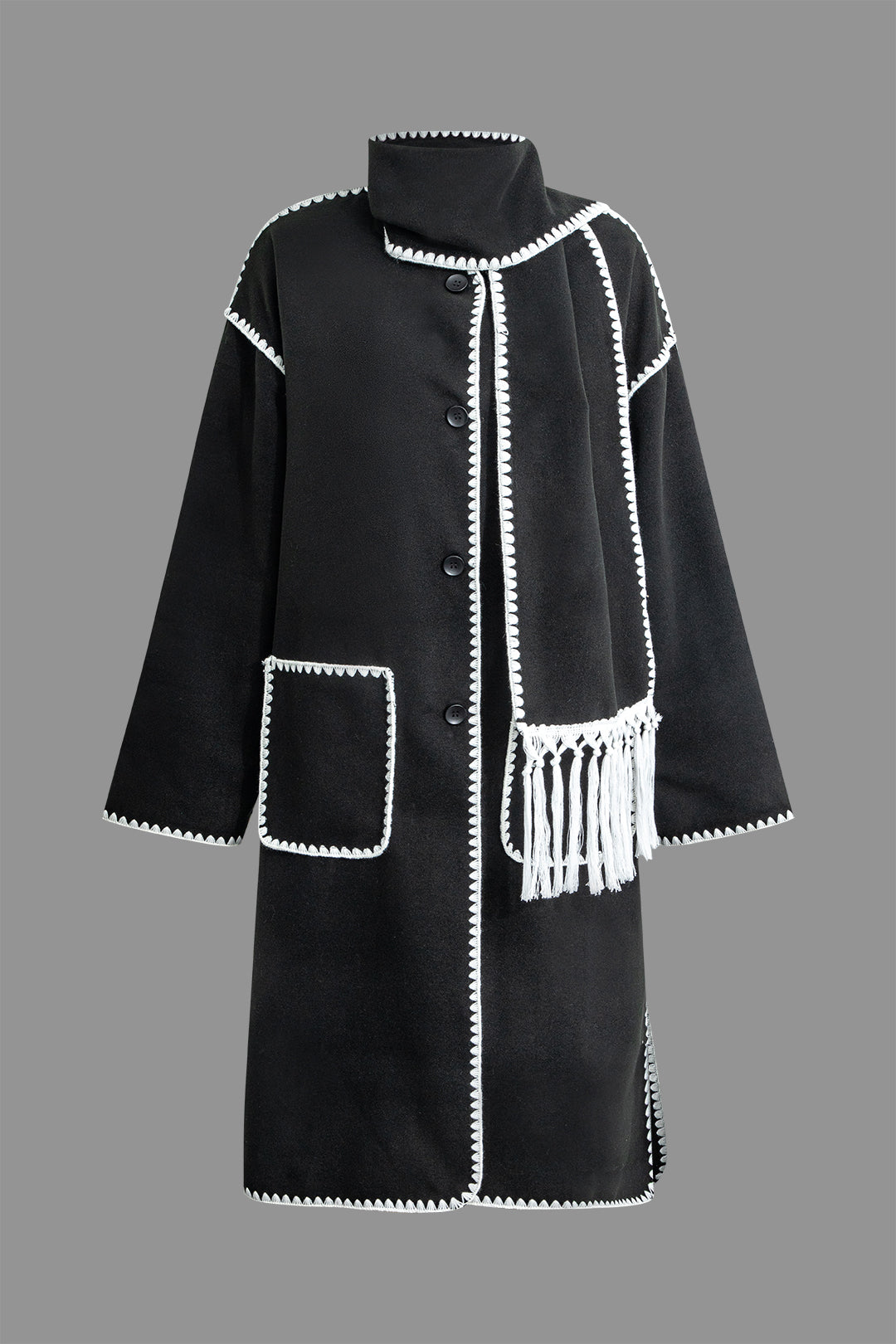 Contrast Trim Patch Pocket Button Coat with Tassel Scarf - Y2K Aesthetic Outerwear for Stylish Looks