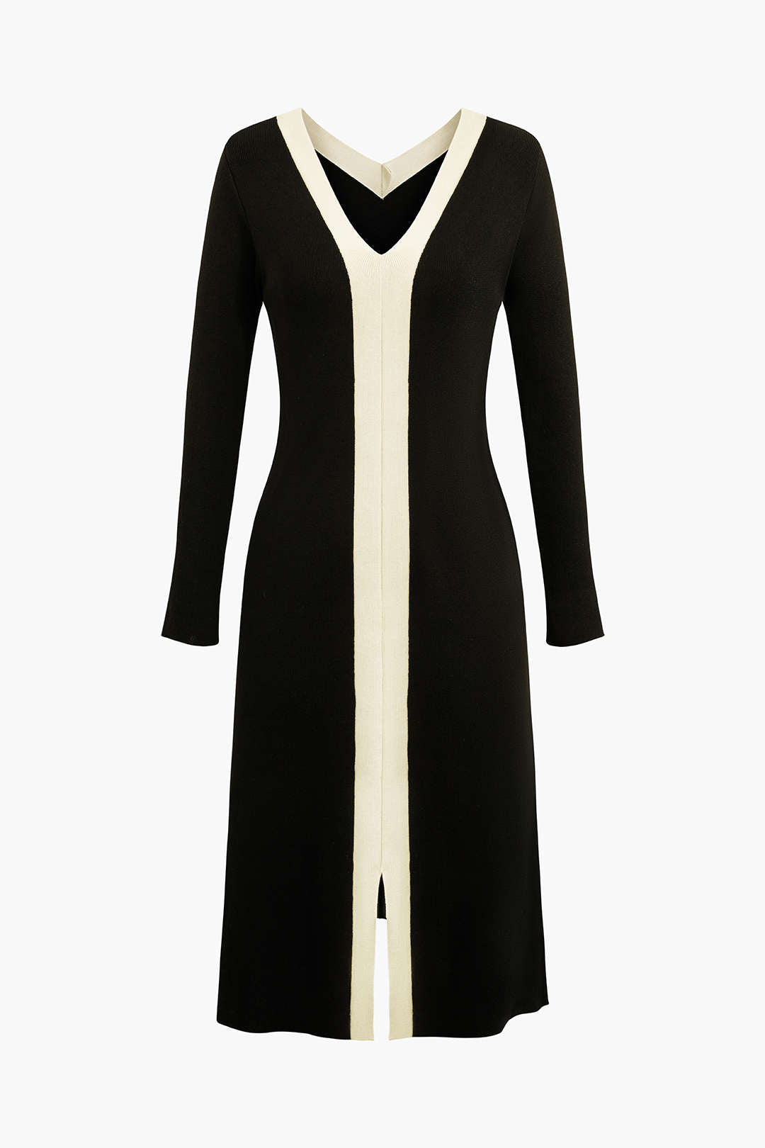 Contrast Trim Slit V-Neck Long Sleeve Knit Dress - Y2K Aesthetic Fashion Essential