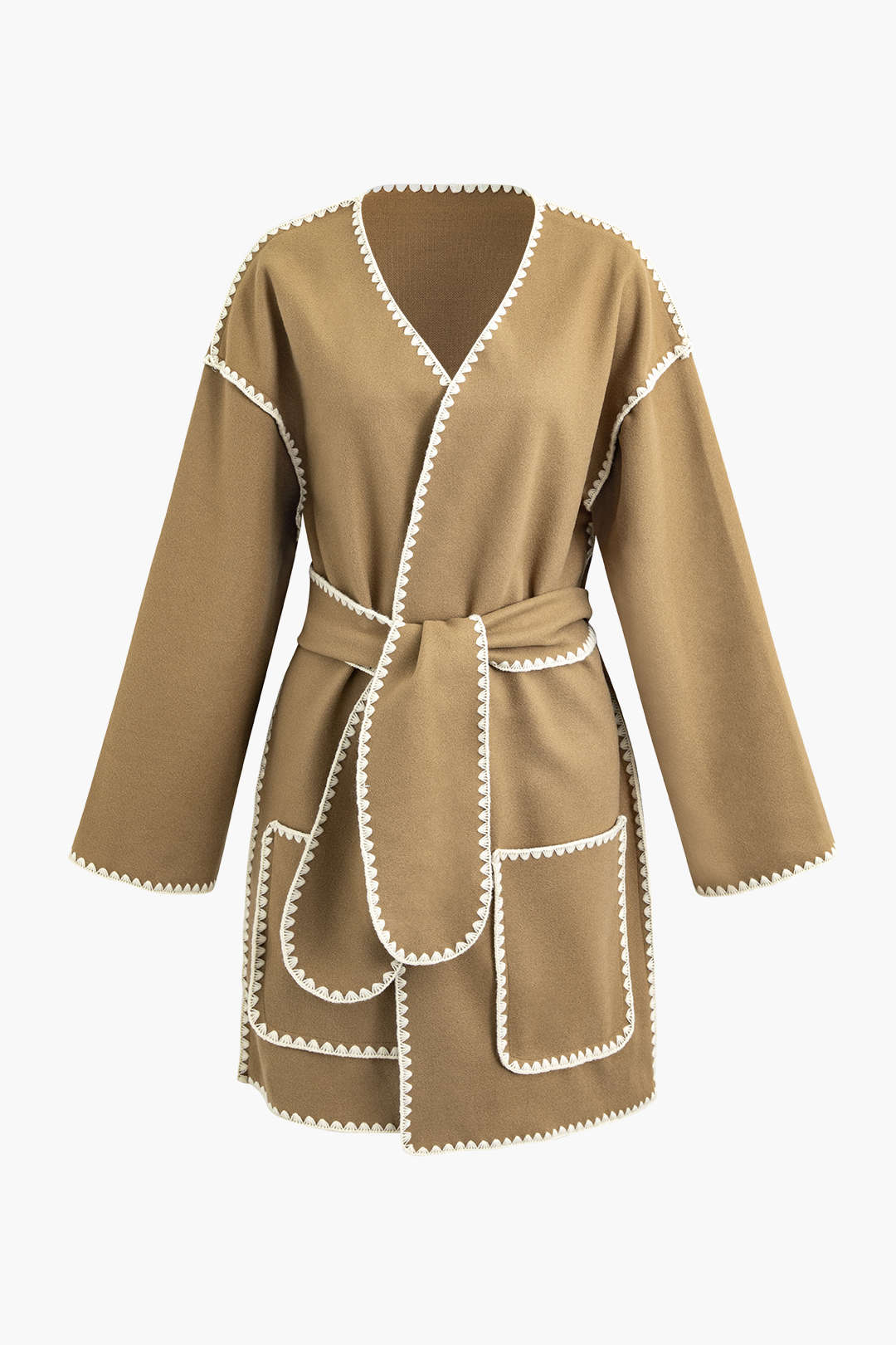 Contrast Trim V-neck Belted Pocket Coat - Chic Y2K Fashion Statement for Effortless Style