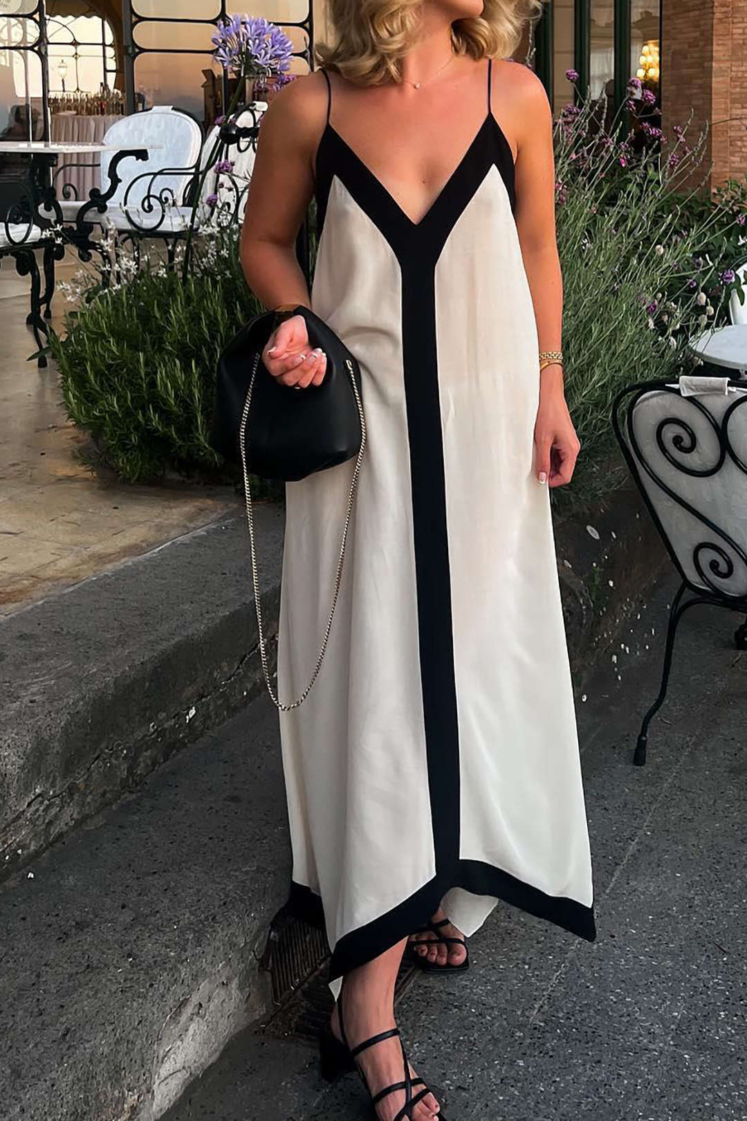 Contrast Trim V-neck Slip Maxi Dress - Y2K Aesthetic Fashion for Effortless Style