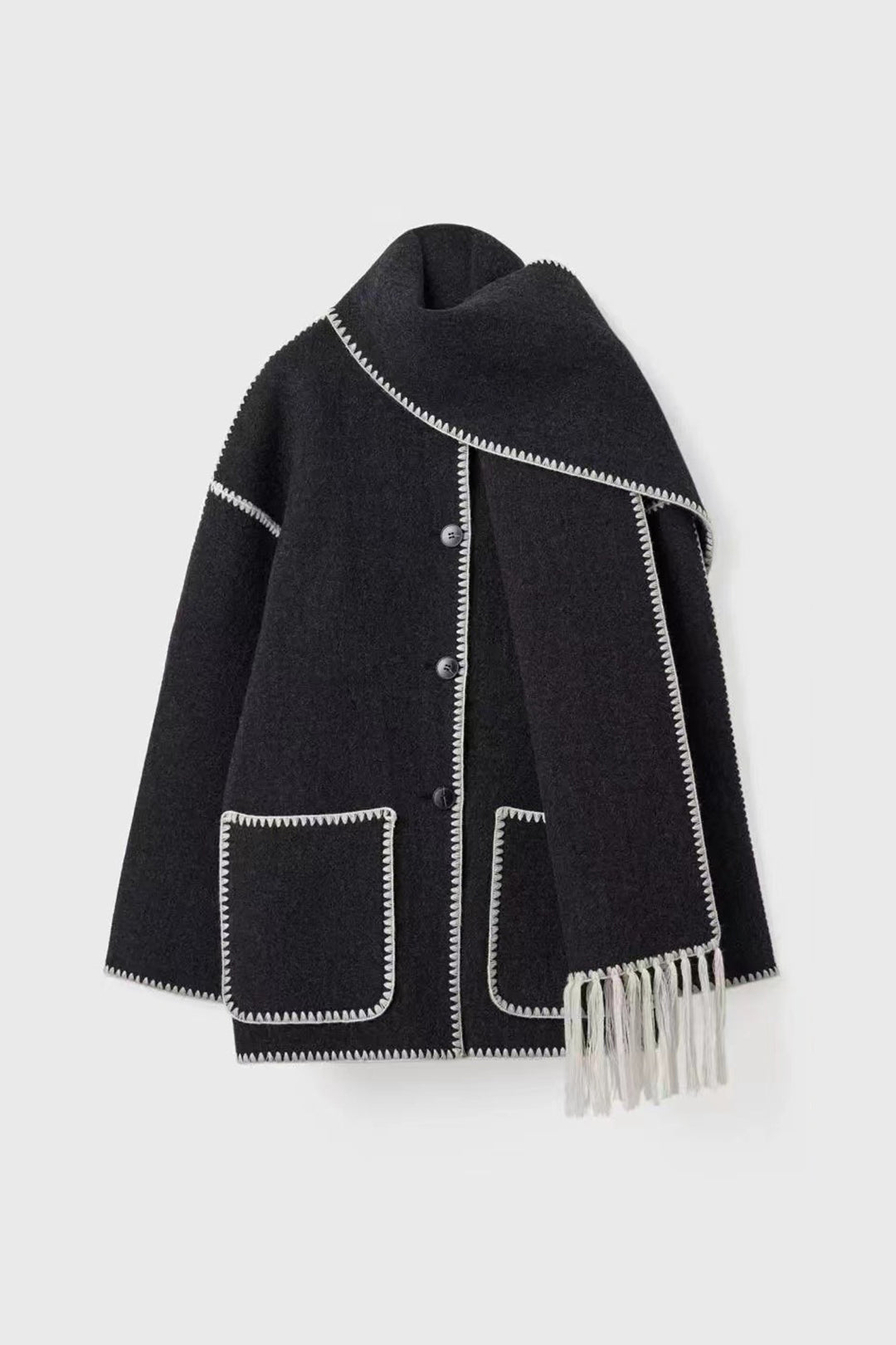 Contrast Trim Wool-Blend Coat with Tassel Scarf for Y2K Aesthetic and Coquette Style