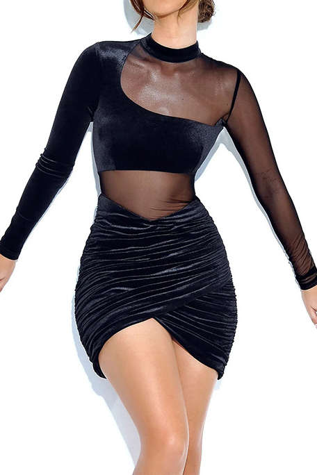 Contrast Velvet Panel Mesh Mock Neck Long Sleeve Mini Dress for Y2K Aesthetic Fashion