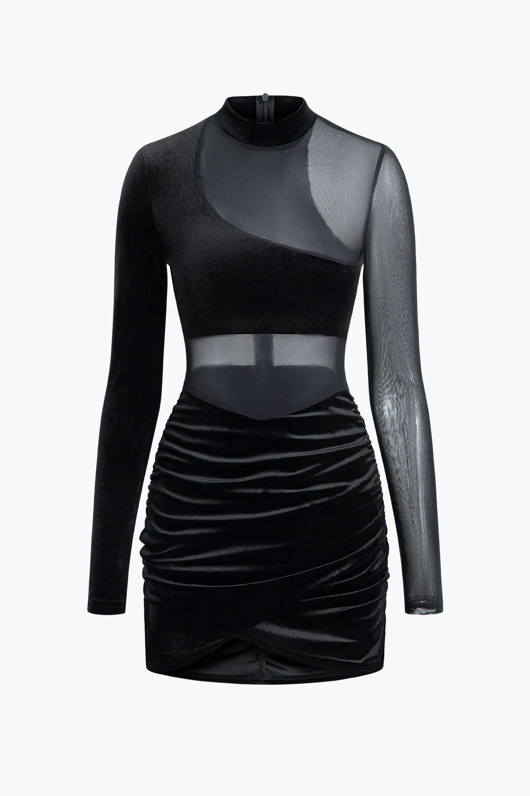 Contrast Velvet Panel Mesh Mock Neck Long Sleeve Mini Dress for Y2K Aesthetic Fashion