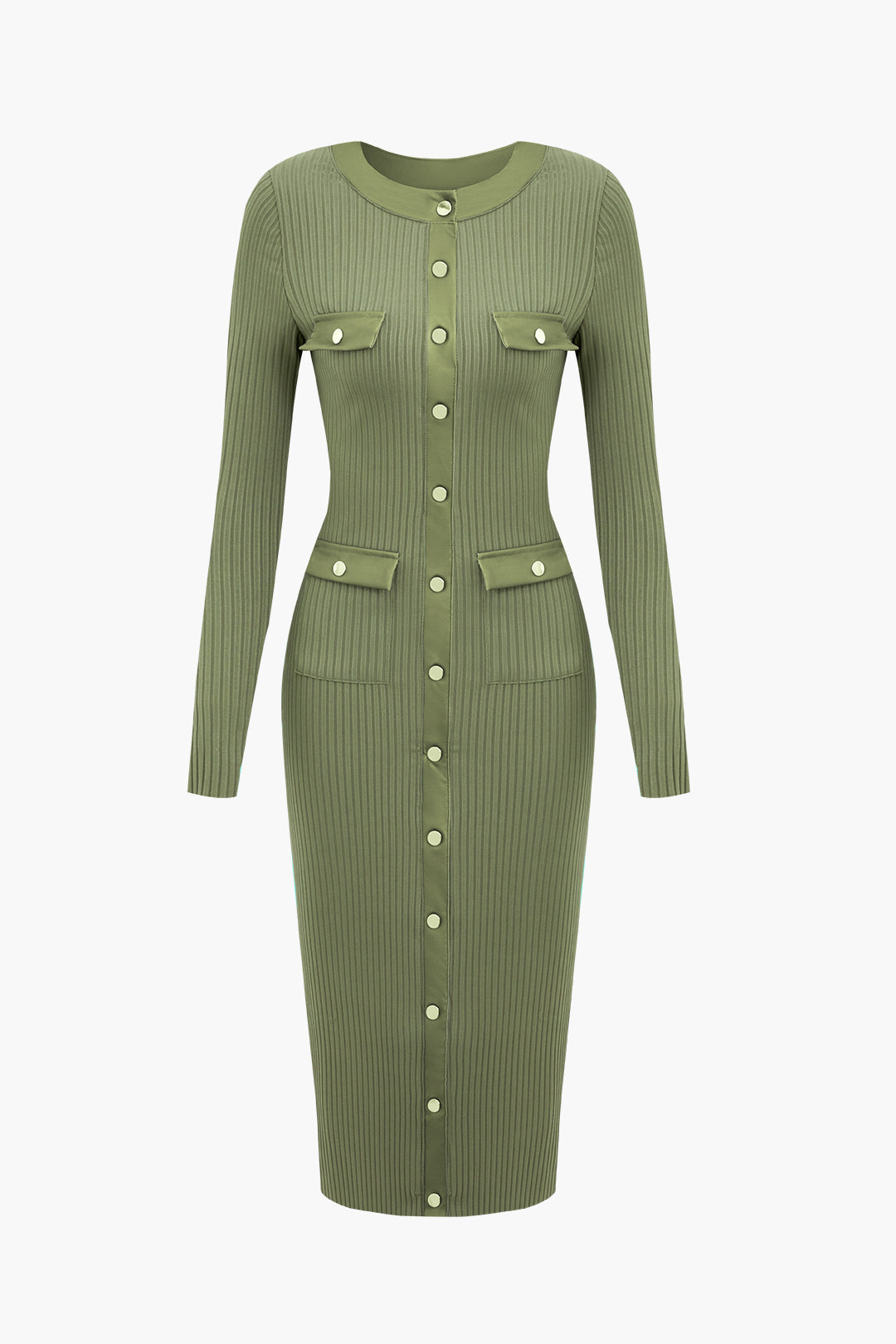 Coquette Aesthetic Button Up Flap Pocket Rib Knit Long Sleeve Midi Dress for Y2K Style