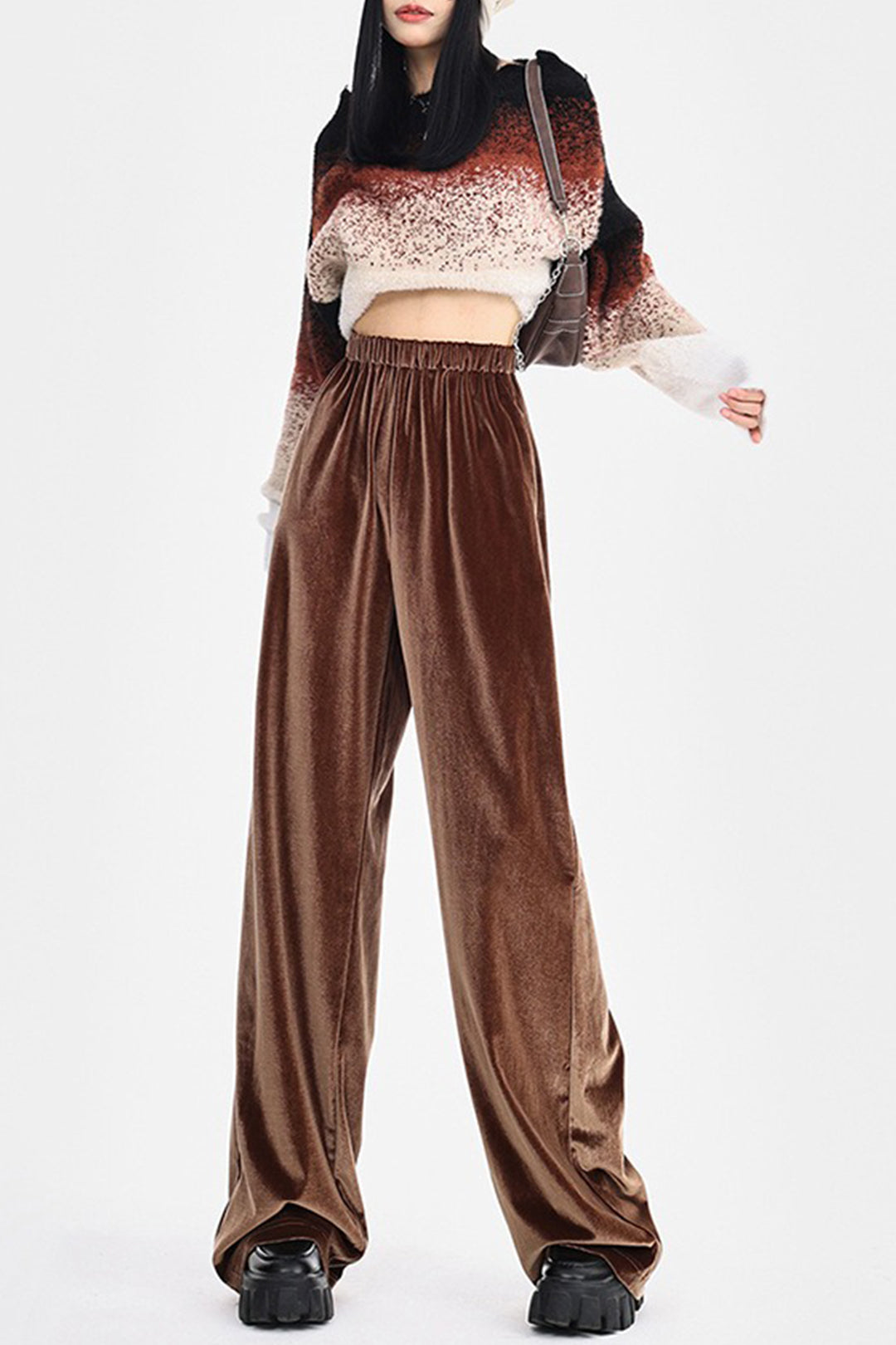 Coquette Aesthetic Elastic Waist Velvet Wide Leg Pants for Y2K Fashion Lovers