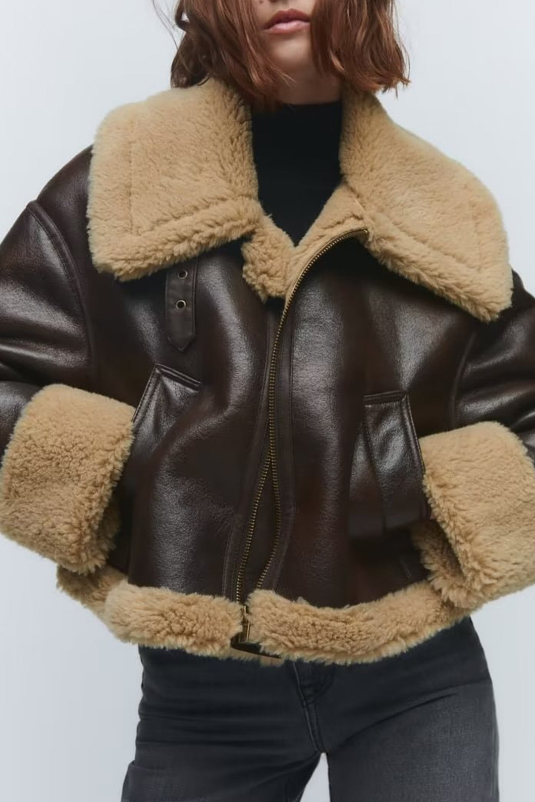 Coquette Aesthetic Faux Fur Leather Shearling Zip Up Jacket for Y2K Fashion Lovers