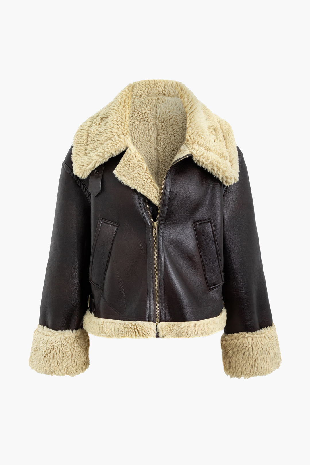 Coquette Aesthetic Faux Fur Leather Shearling Zip Up Jacket for Y2K Fashion Lovers