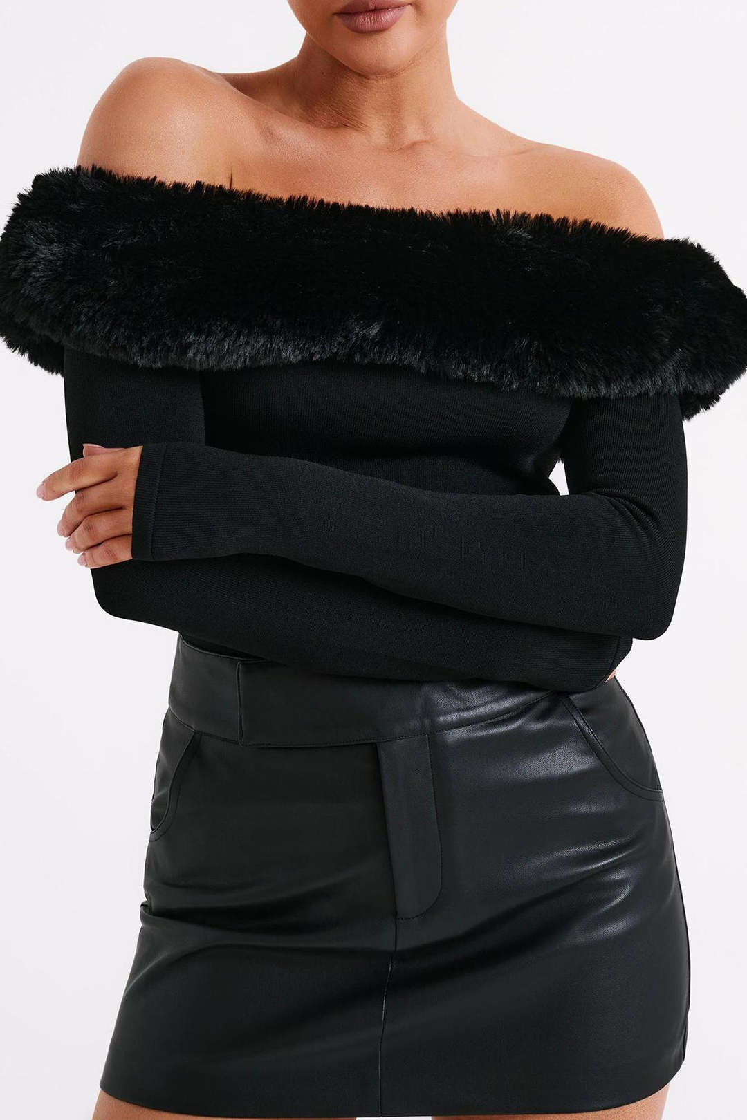 Coquette Aesthetic Faux Fur Trim Off The Shoulder Long Sleeve Top for Y2K Fashion