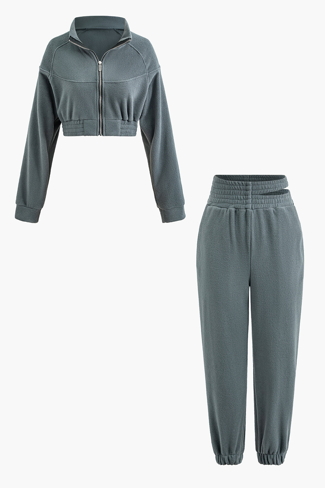 Coquette Aesthetic Polar Fleece Zip-Up Sweatshirt & Cut-Out Waist Pants Set