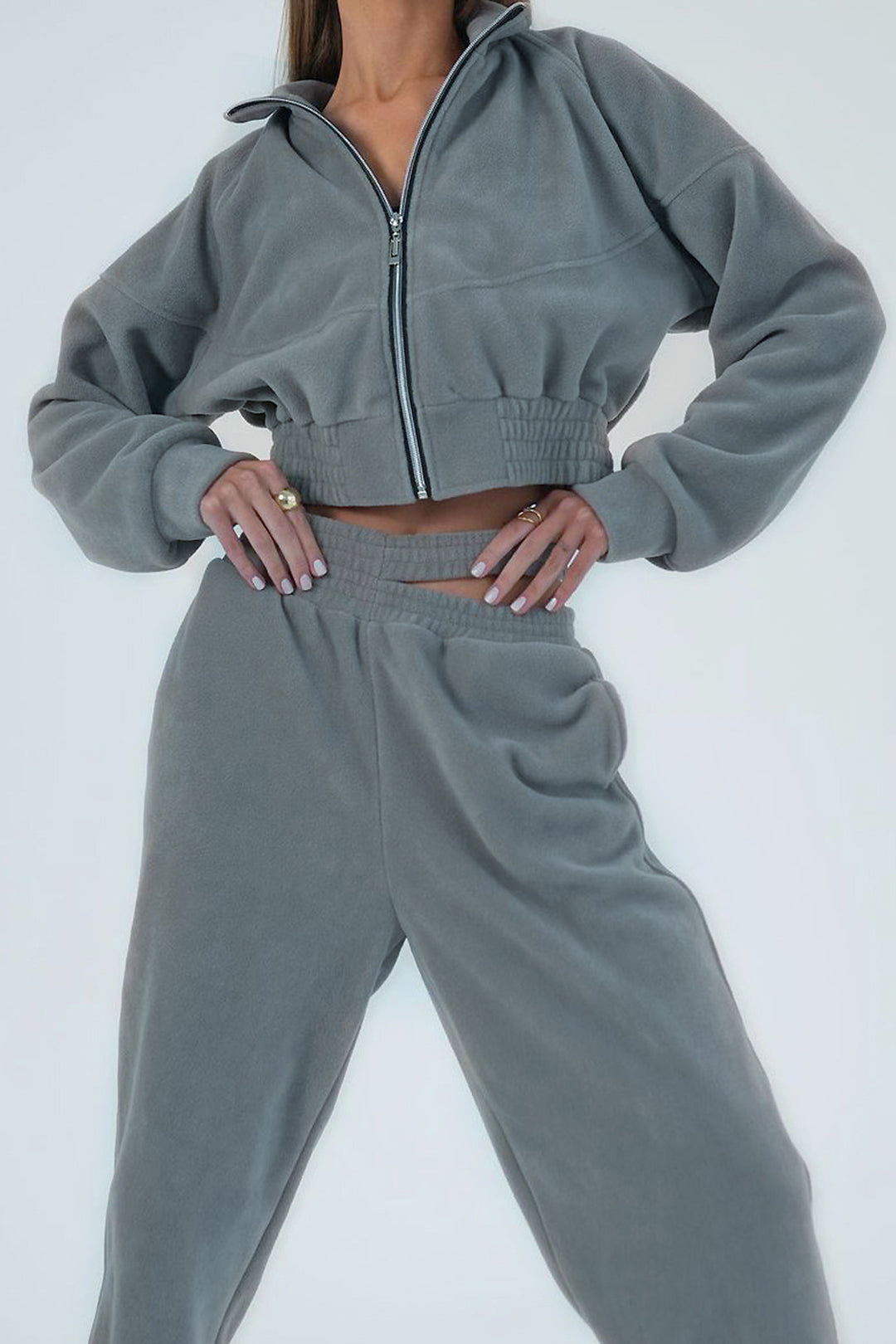 Coquette Aesthetic Polar Fleece Zip-Up Sweatshirt & Cut-Out Waist Pants Set