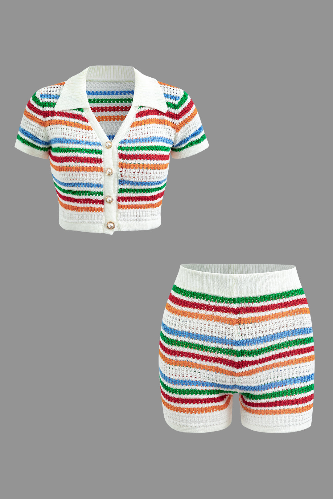 Coquette Aesthetic Stripe Knit Pearl Button Collar Top & Shorts Set for Y2K Fashion