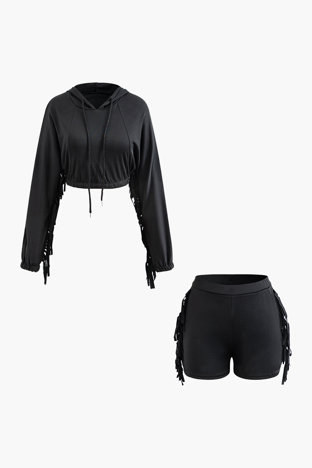 Coquette Aesthetic Tassel Pocket Hooded Crop Sweatshirt and Shorts Set for Y2K Style