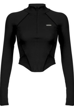 Coquette Aesthetic Zip-Up Long Sleeve Solid High Neck Top for Y2K Fashion Lovers