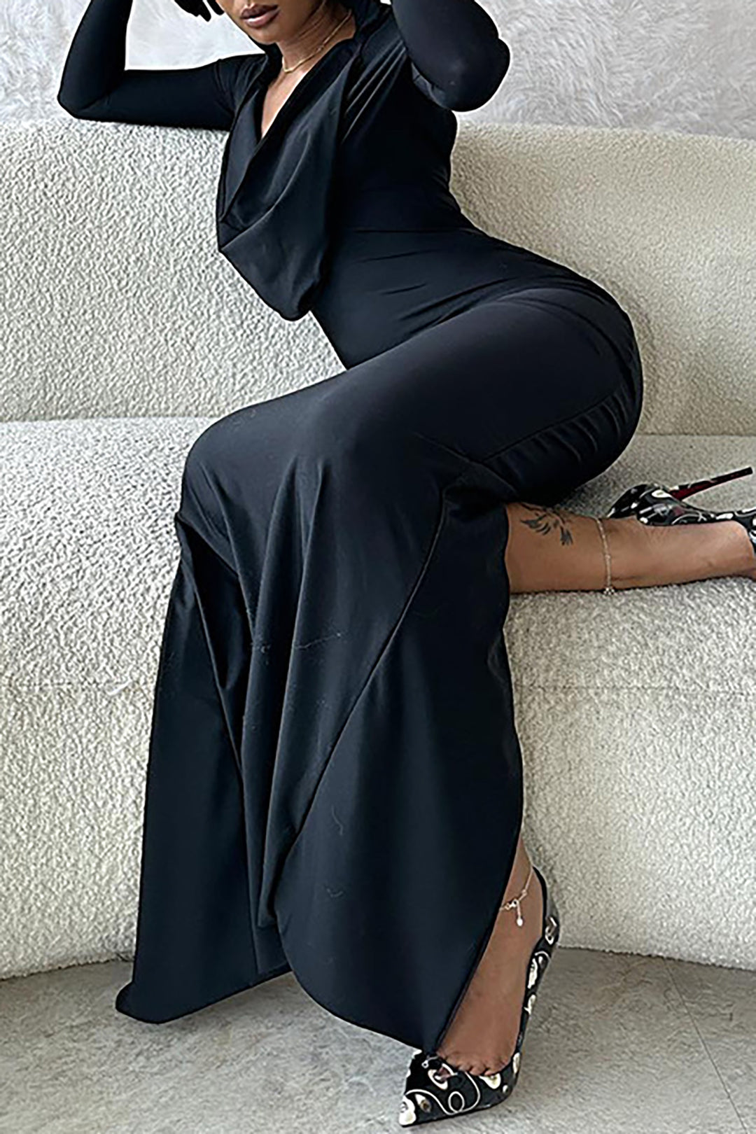 Cowl Neck Long Sleeve Slit Maxi Dress with Gloves - Y2K Aesthetic Fashion Statement