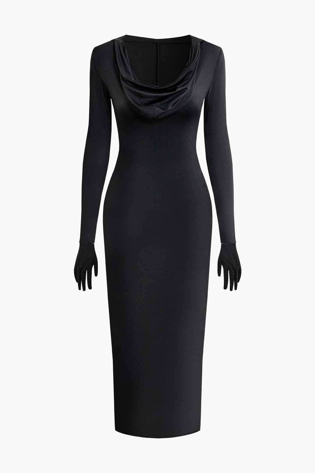 Cowl Neck Long Sleeve Slit Maxi Dress with Gloves - Y2K Aesthetic Fashion Statement