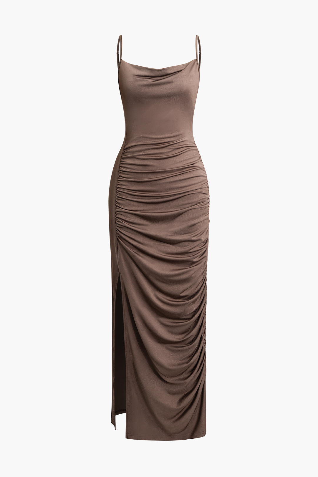 Cowl Neck Ruched Slit Maxi Dress - Y2K Aesthetic Slip Dress for Chic Coquette Style