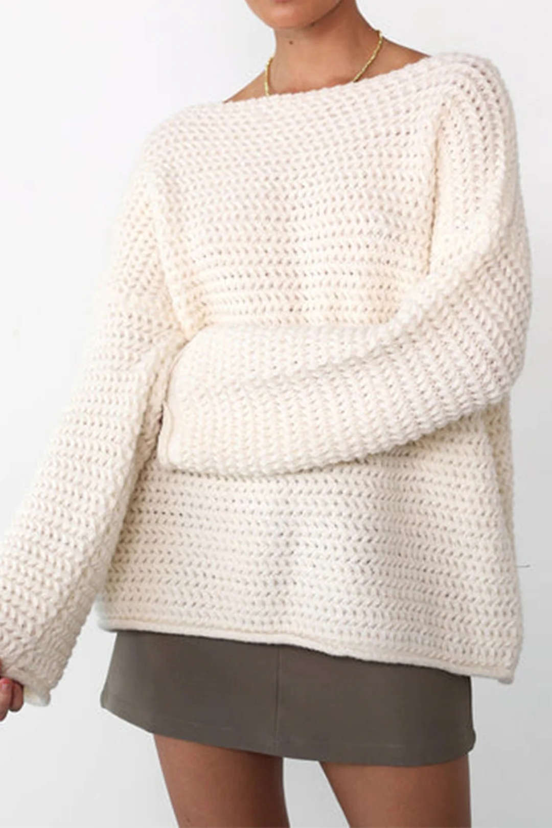 Cozy Boat Neck Long Sleeve Open Knit Sweater for Y2K Aesthetic and Grunge Style