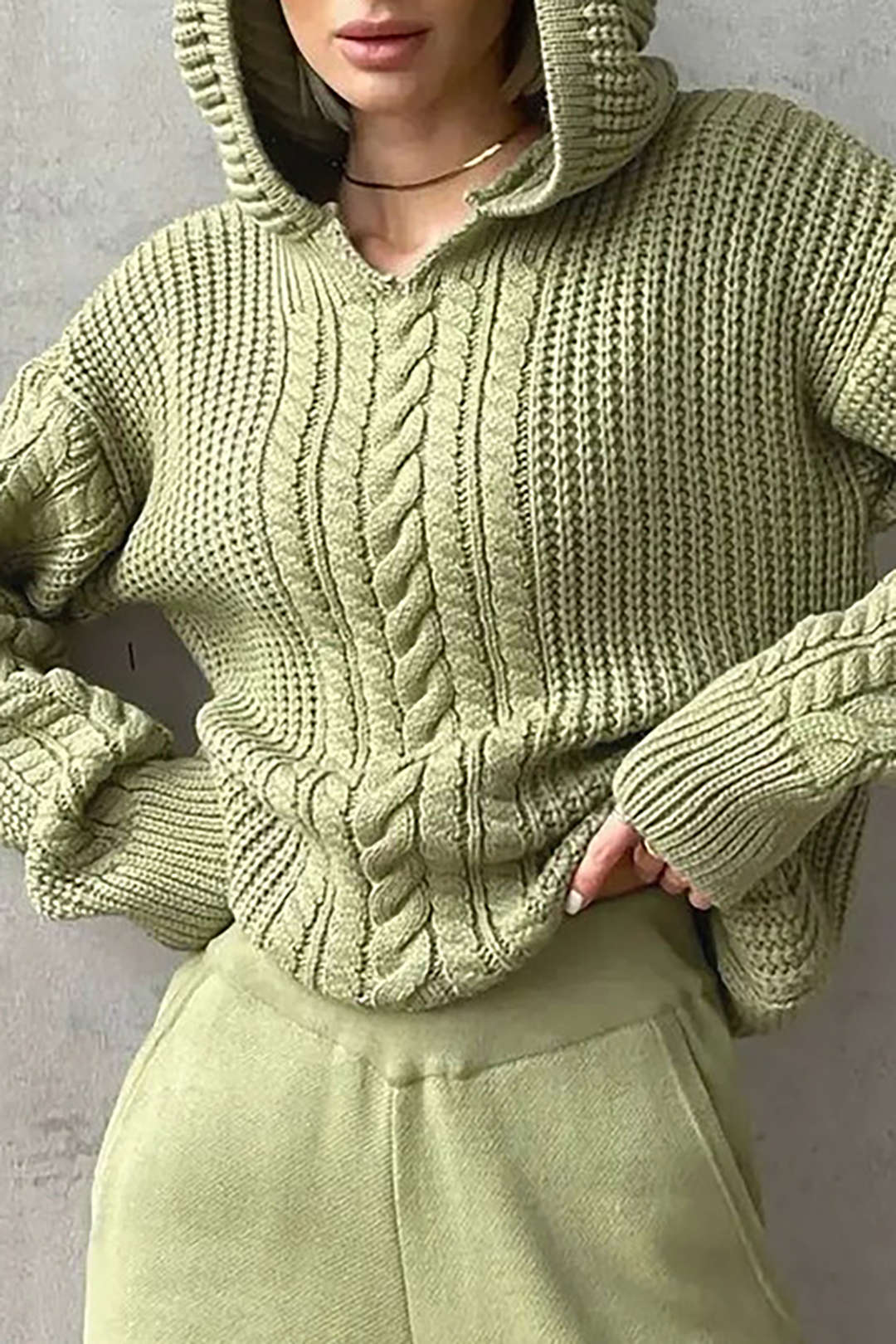 Cozy Cable Knit Long Sleeve Hoodie for Y2K Aesthetic and Grunge Style Outfits