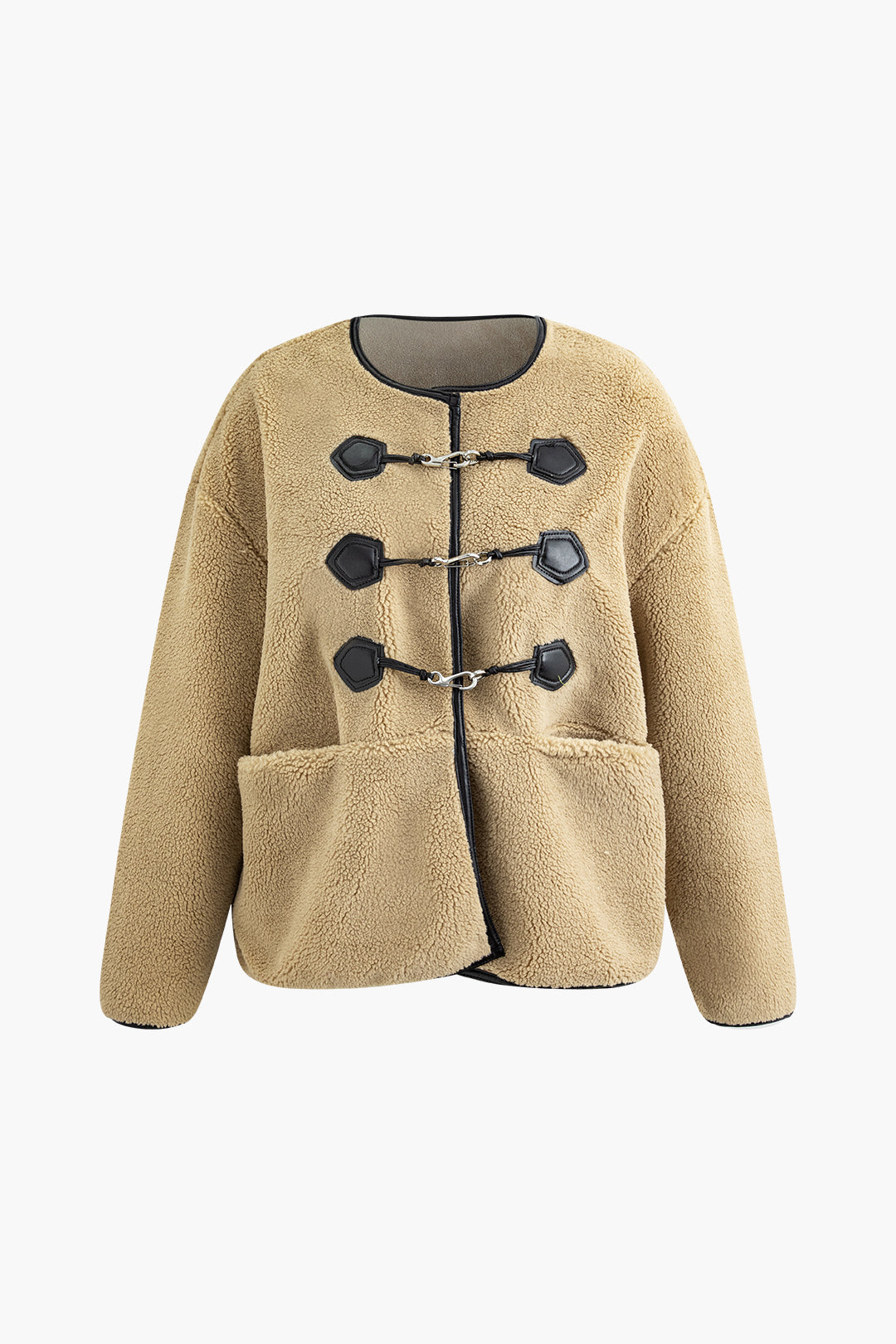 Cozy Fleece Round Neck Coat with Metal Buckle - Y2K Aesthetic Outerwear for Stylish Looks