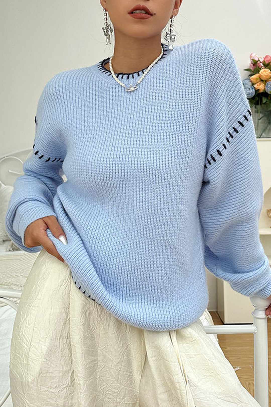 Cozy Oversized Round Neck Long Sleeve Sweater for Y2K Aesthetic and Grunge Style