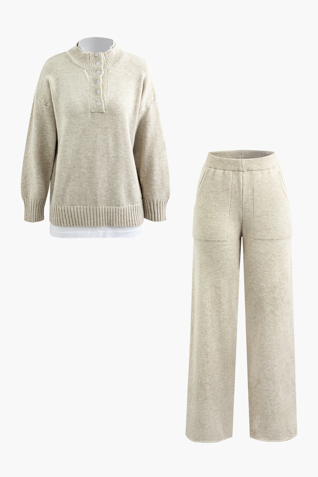 Cozy Patchwork Mock Neck Sweater & Knit Straight Leg Pant Set for Y2K Aesthetic Style