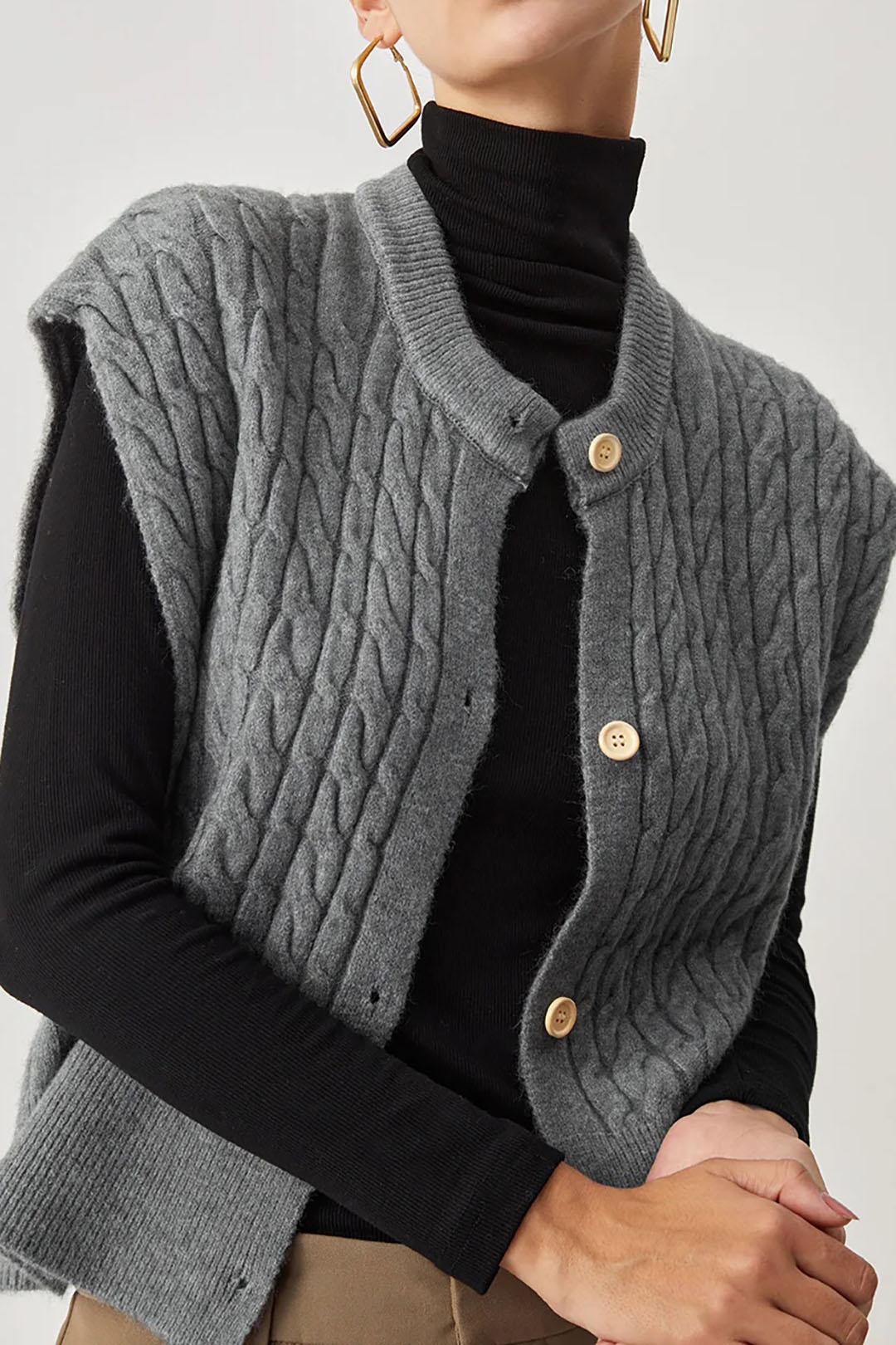 Cozy Round Neck Cable Knit Button Vest for Y2K Fashion and Aesthetic Outfits