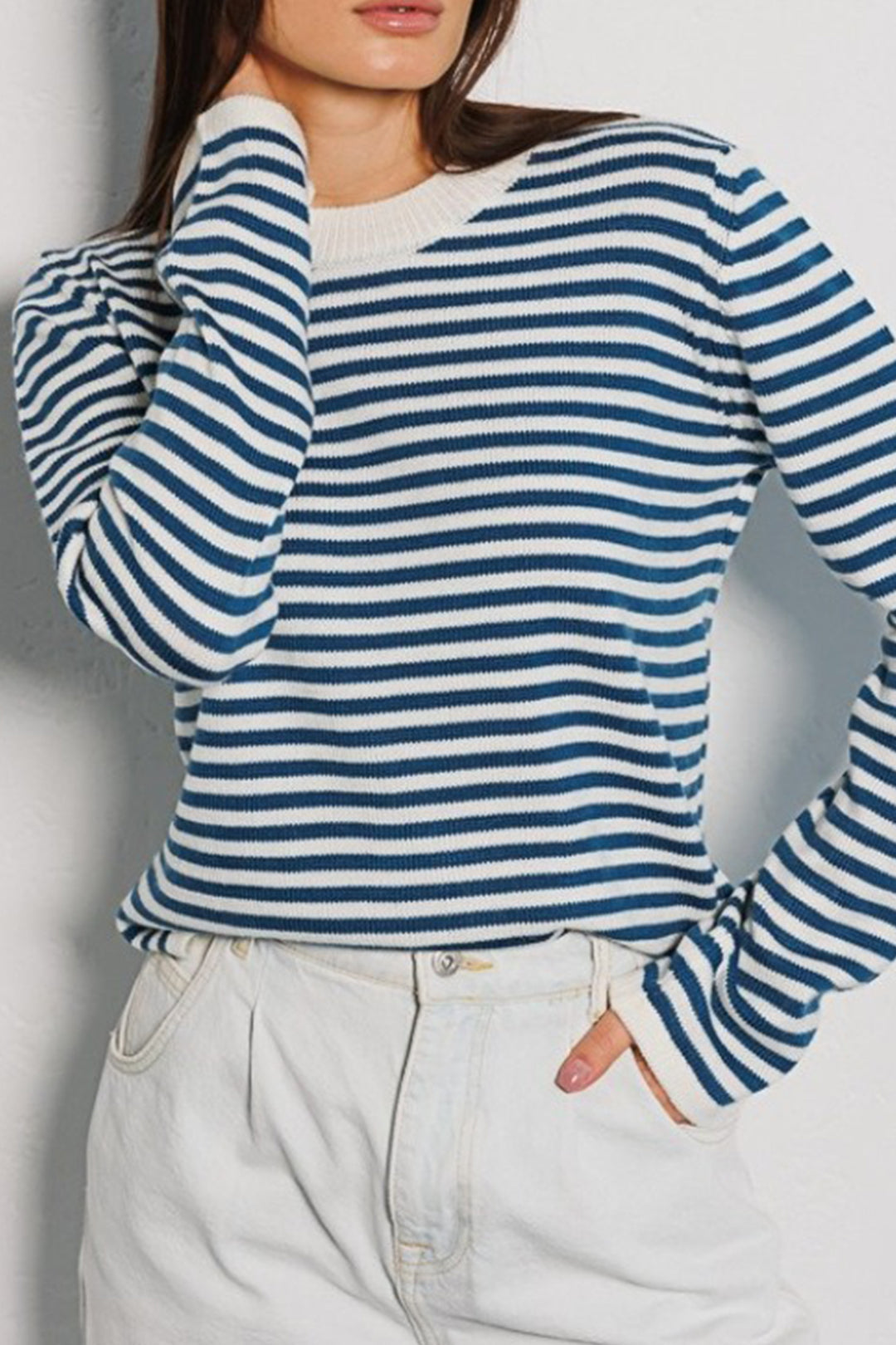 Cozy Stripe Crew Neck Ribbed Trim Pullover Sweater for Y2K Aesthetic Outfits