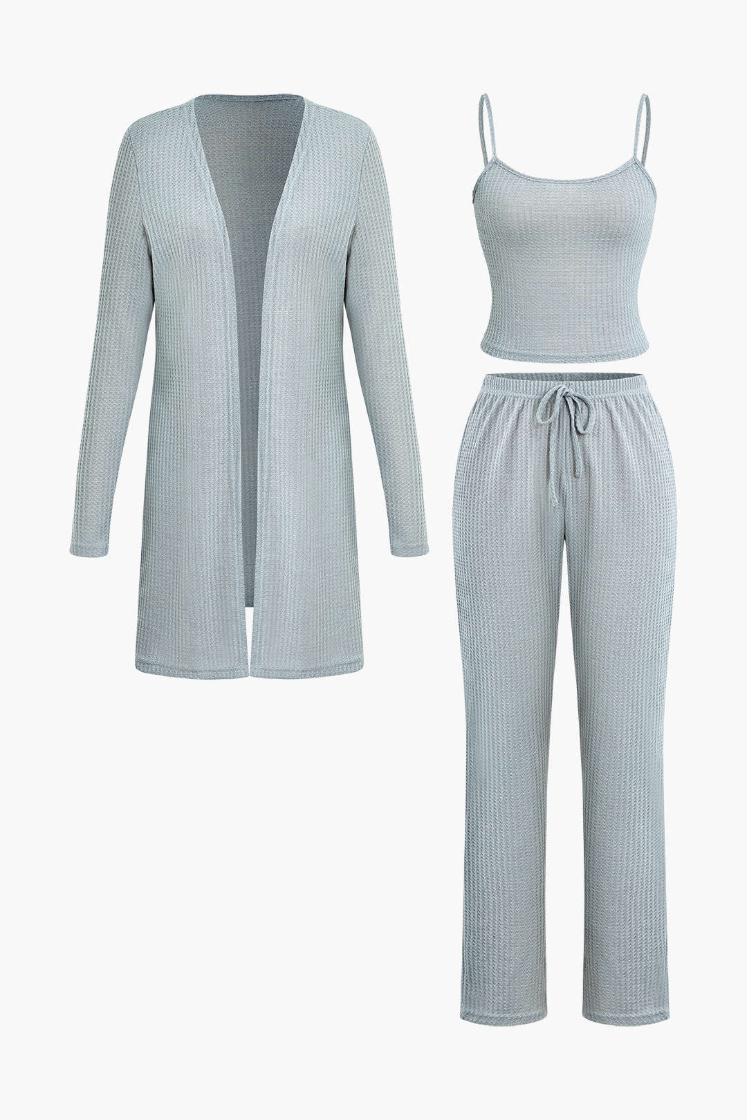 Cozy Waffle Cami Top, Drawstring Pants & Long Sleeve Cardigan 3-Piece Set for Y2K Style