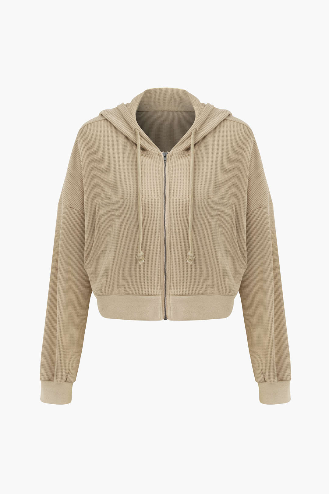 Cozy Waffle Knit Zip-Up Hooded Cardigan with Kangaroo Pocket for Y2K Aesthetic Style